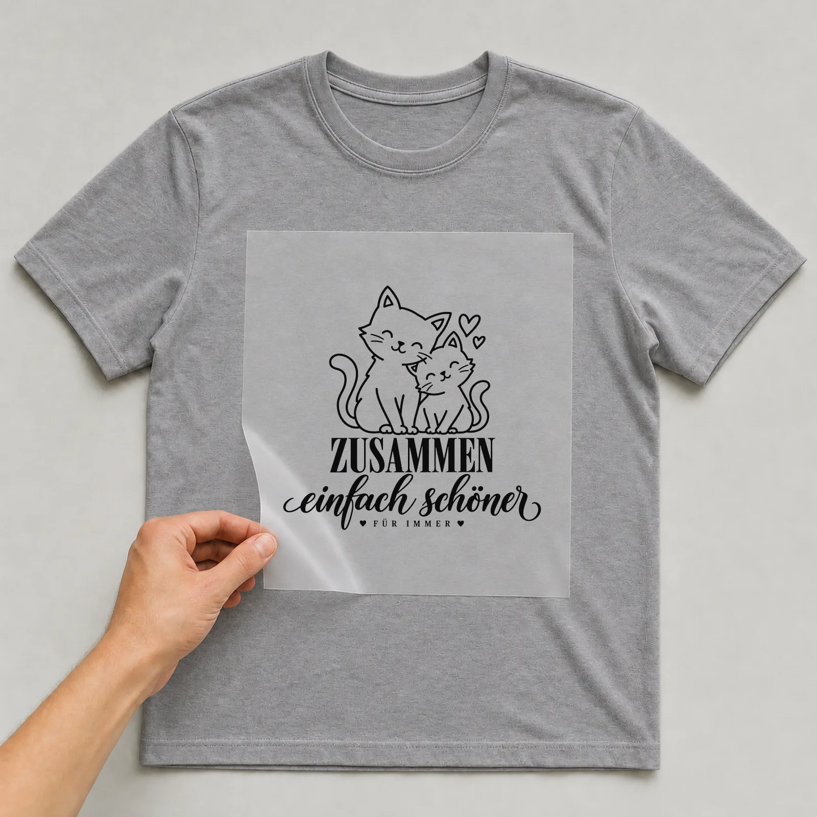 Bügelbild „Zusammen einfach schöner. Für immer.“ auf grauem T-Shirt, Folie wird aufgelegt