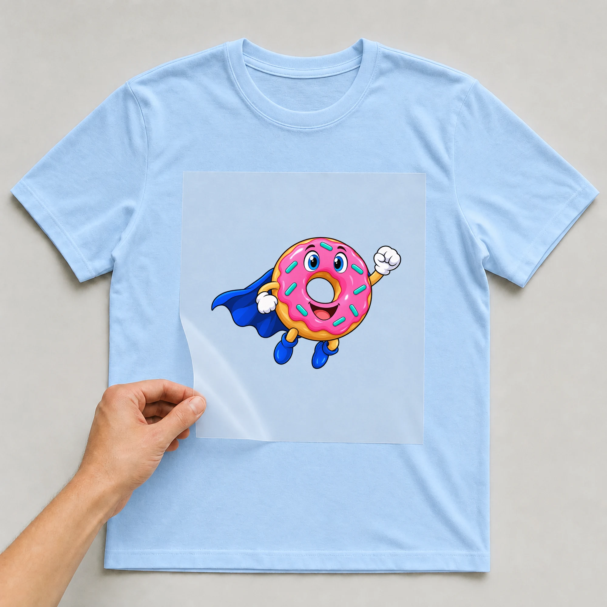Bügelbild „Super Donut“ auf babyblauem T-Shirt, Folie wird aufgelegt
