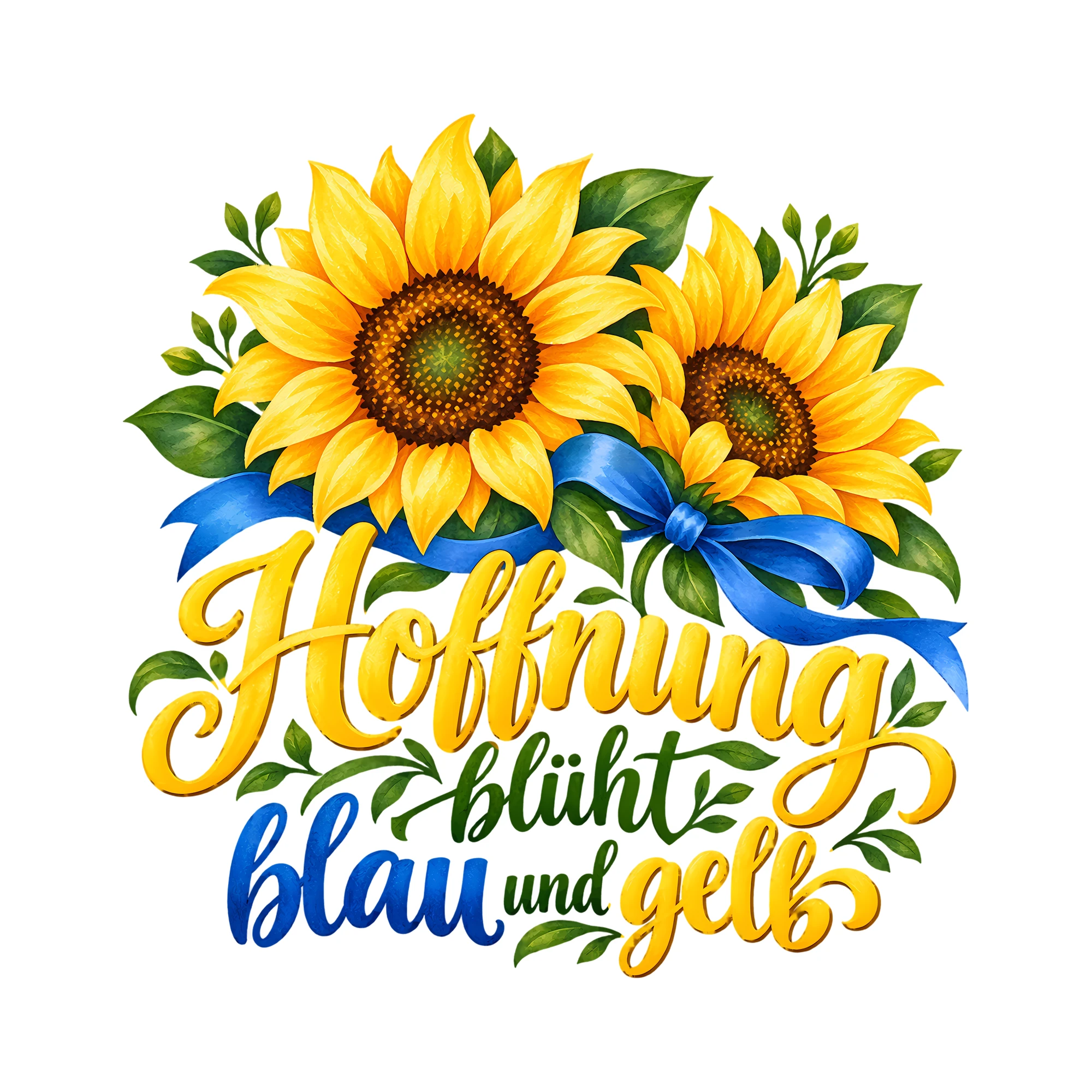 Bügelbild Hoffnung blüht blau und gelb als Grafik auf weißem Hintergrund (BB013302)