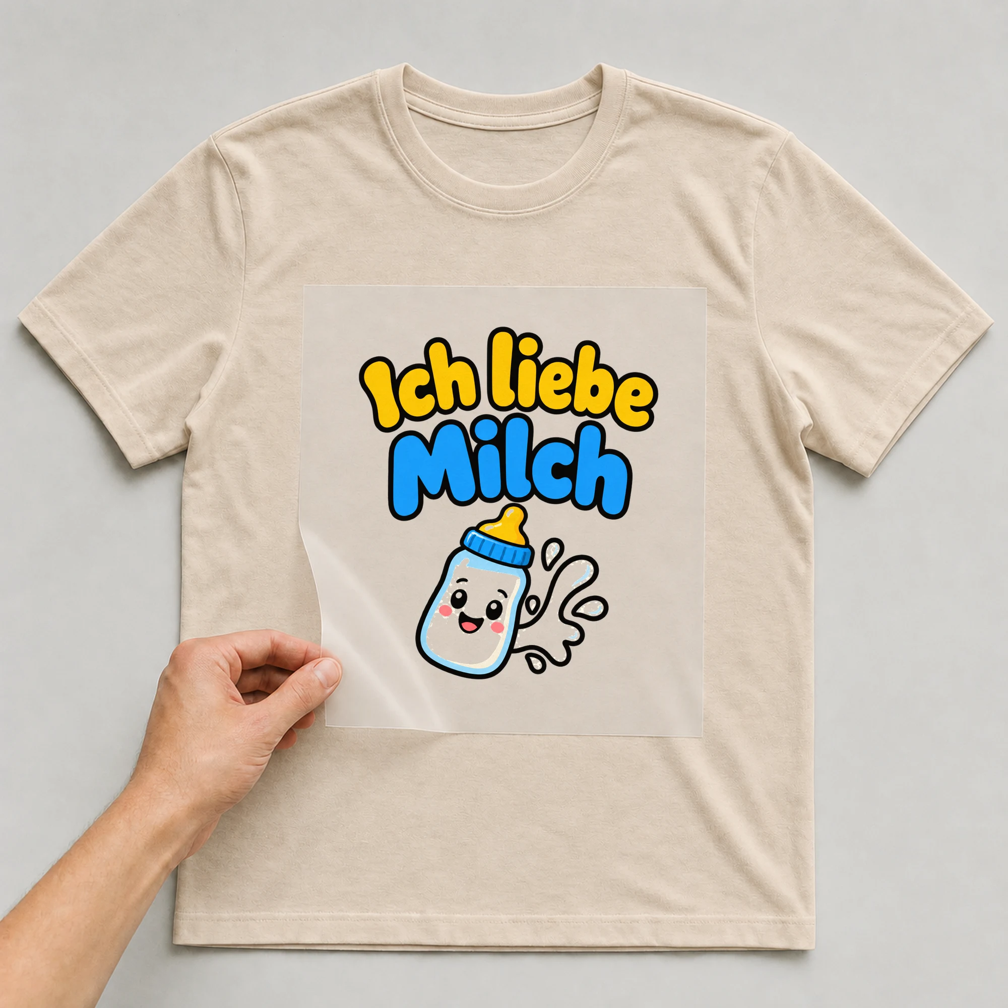 Bügelbild „Ich liebe Milch“ auf beigem T-Shirt, Folie wird aufgelegt