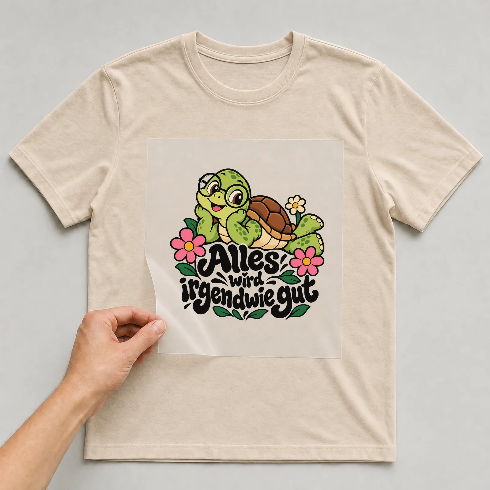 Bügelbild „Alles wird irgendwie gut“ auf beigem T-Shirt, Folie wird aufgelegt