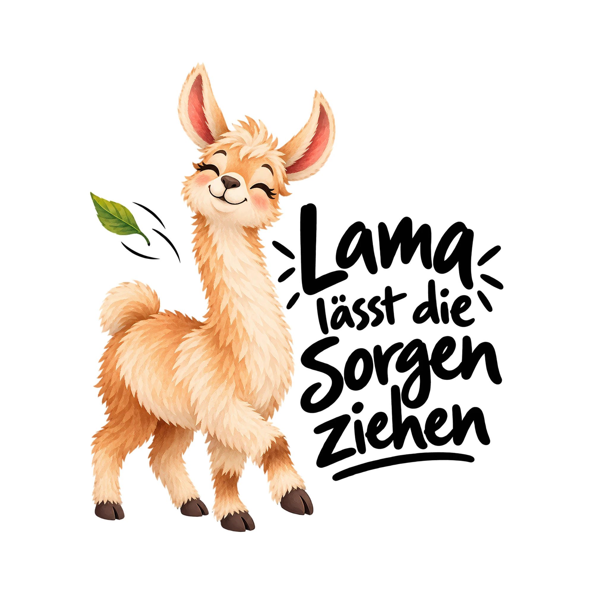 Bügelbild Lama lässt die Sorgen ziehen als Grafik auf weißem Hintergrund (BB012964)