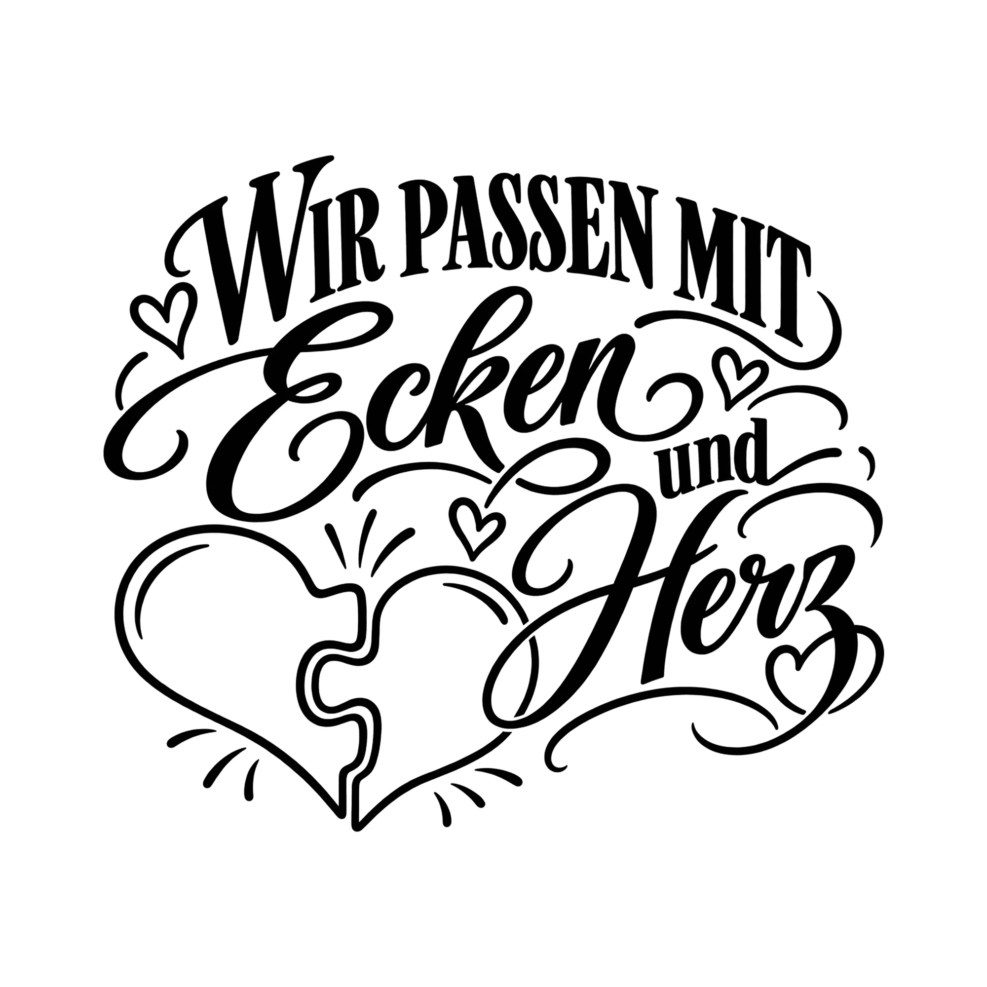 Bügelbild Wir passen mit Ecken und Herz als Grafik auf weißem Hintergrund (BB013525)