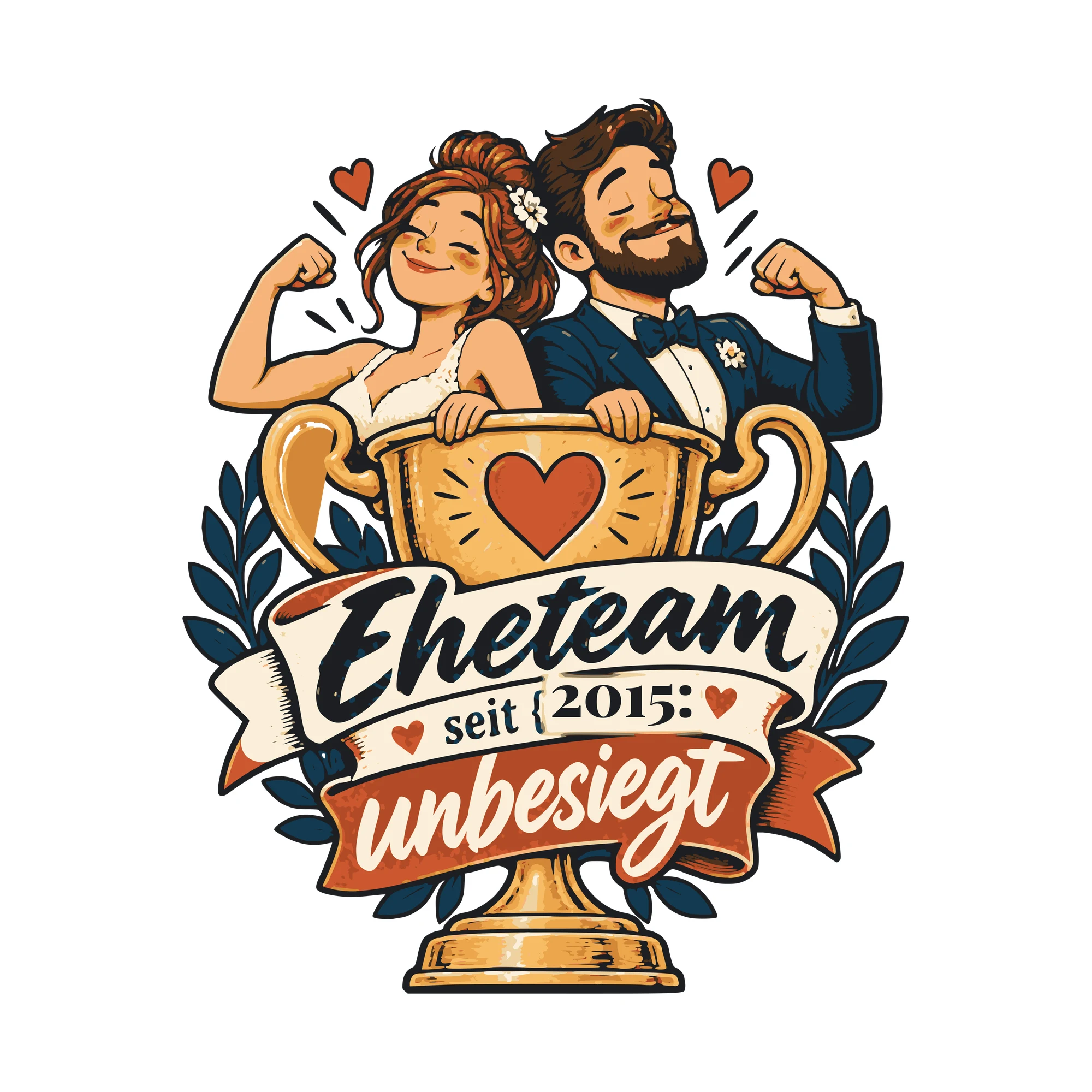 Bügelbild Eheteam: unbesiegt mit Jahr als Grafik auf weißem Hintergrund (BB011307)