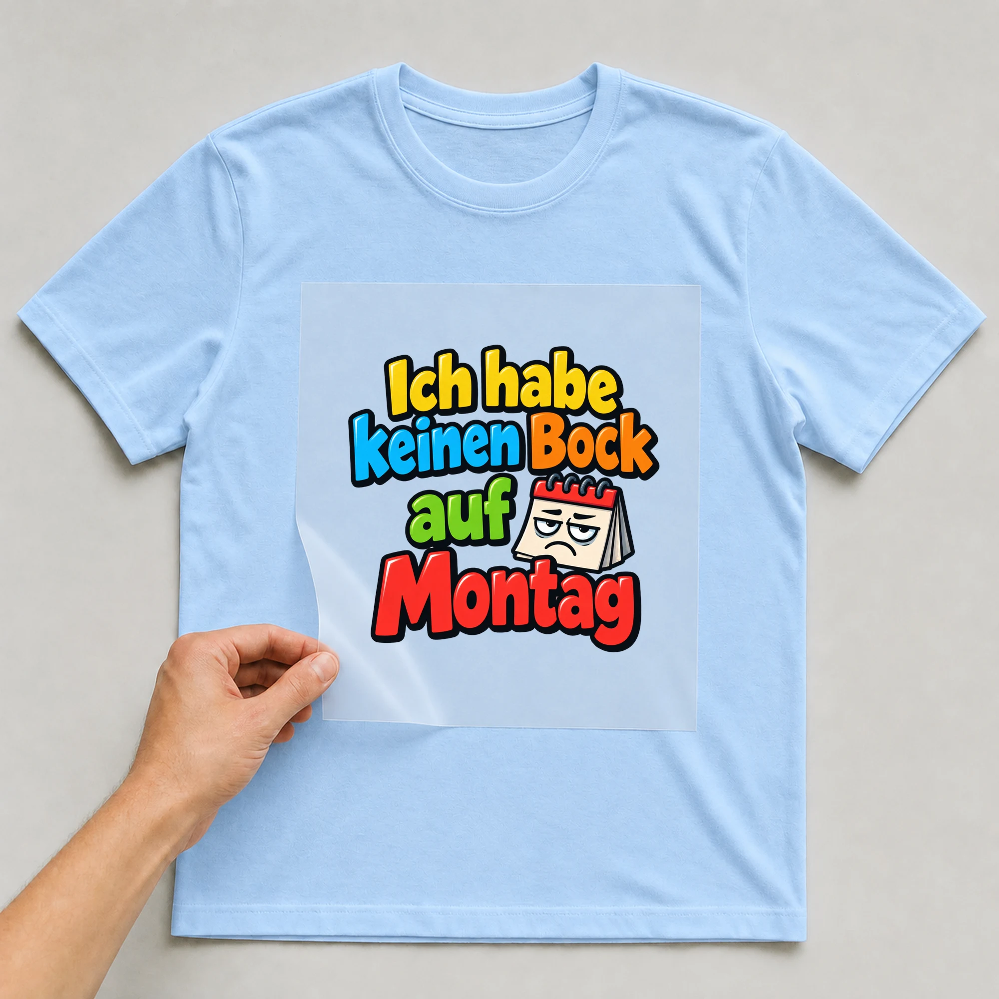 Bügelbild „Ich habe keinen Bock auf Montag“ auf babyblauem T-Shirt, Folie wird aufgelegt