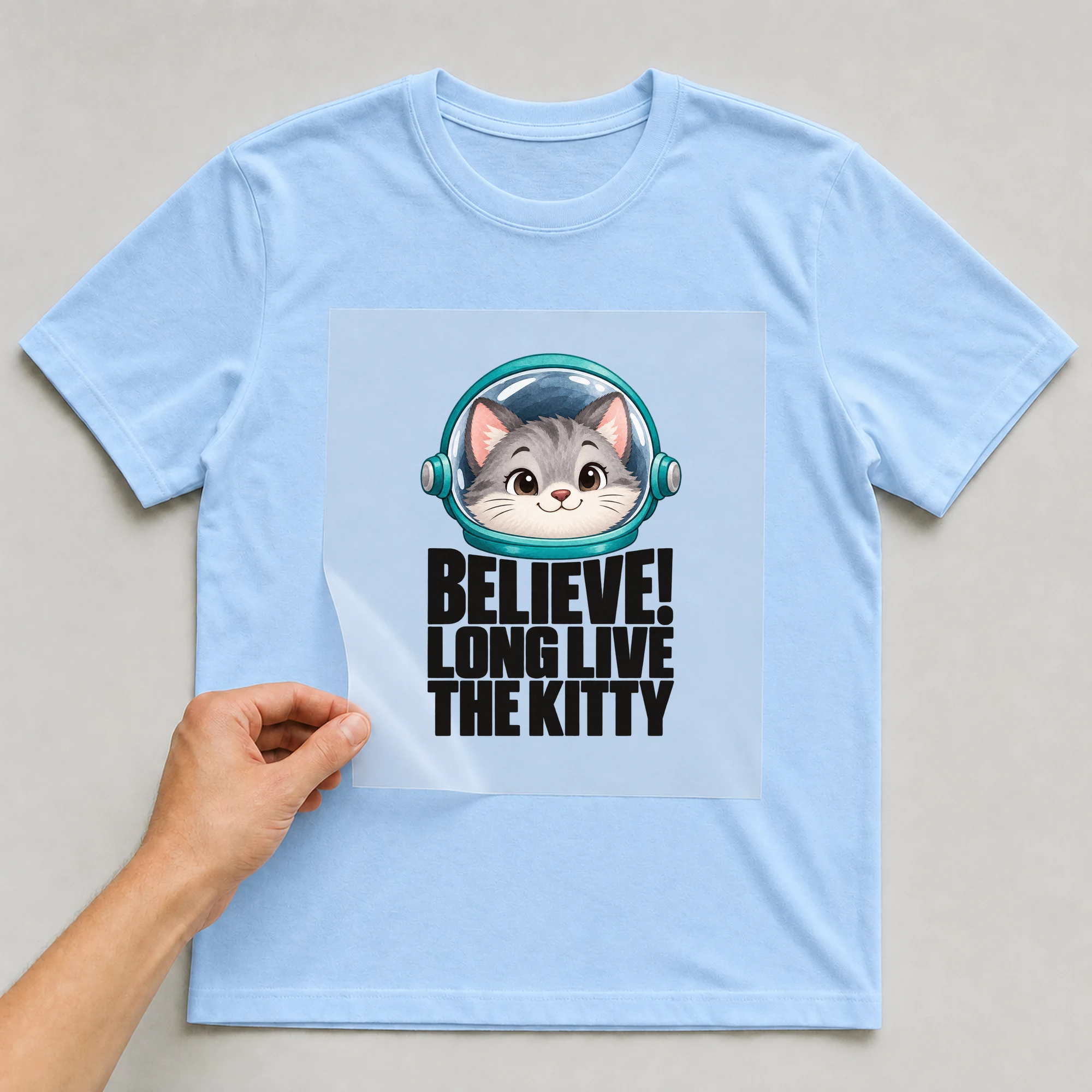 Bügelbild „Believe! Long Live The Kitty“ auf babyblauem T-Shirt, Folie wird aufgelegt