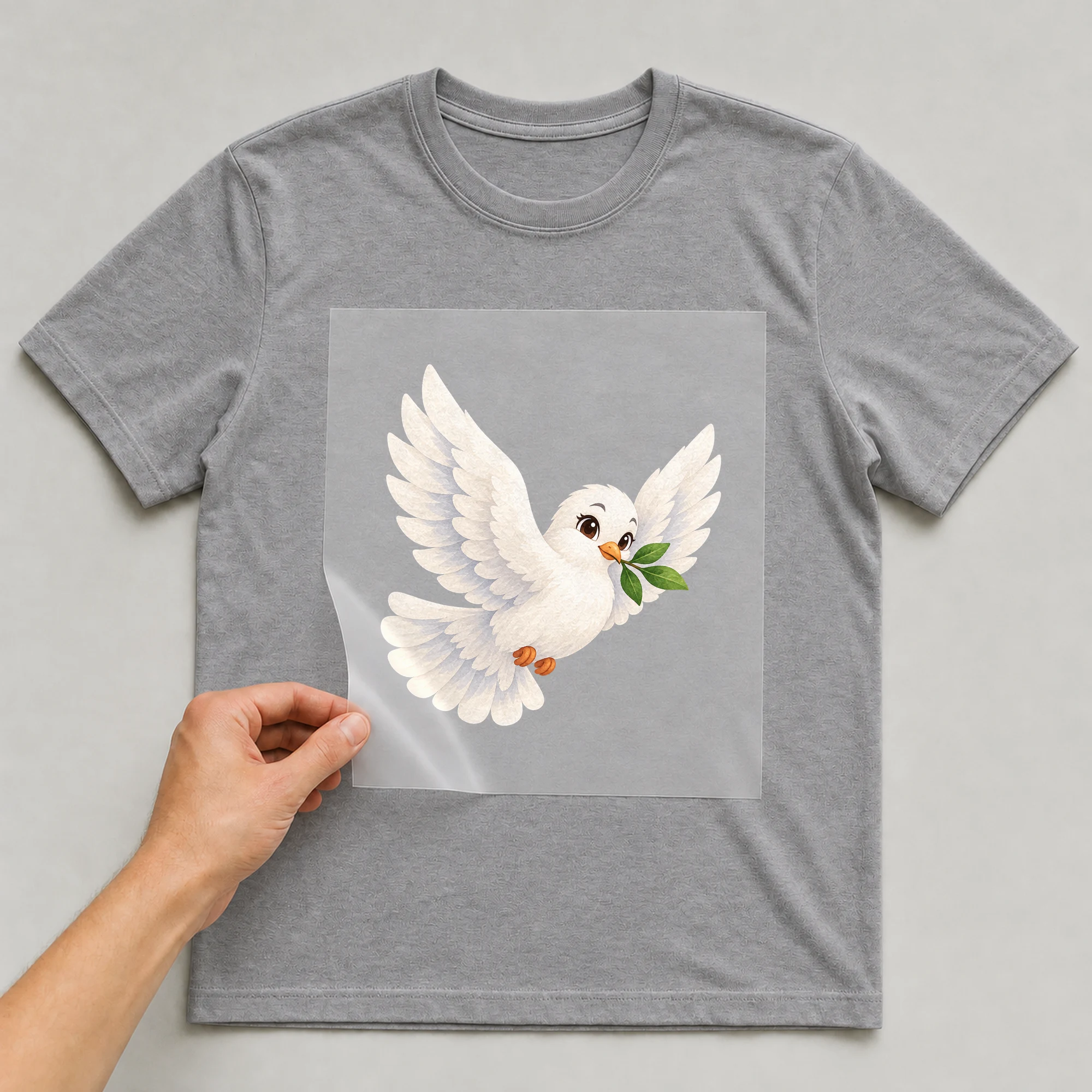 Bügelbild „Friedenstaube“ auf grauem T-Shirt, Folie wird aufgelegt