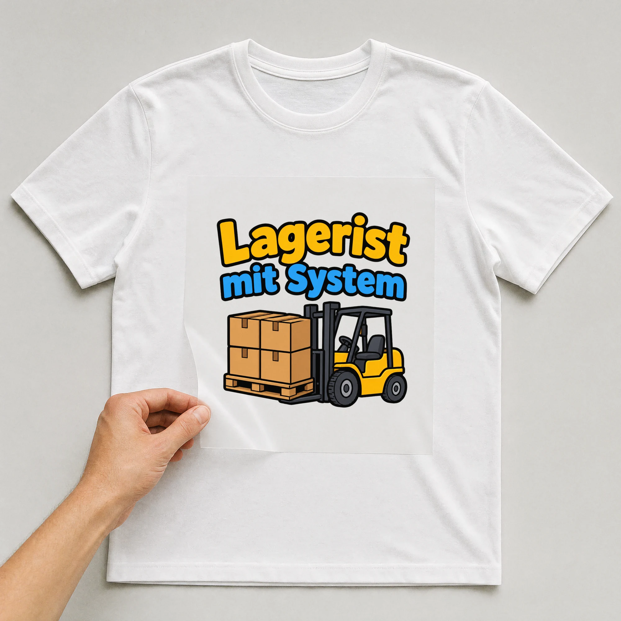 Bügelbild „Lagerist mit System“ auf weißem T-Shirt, Folie wird aufgelegt