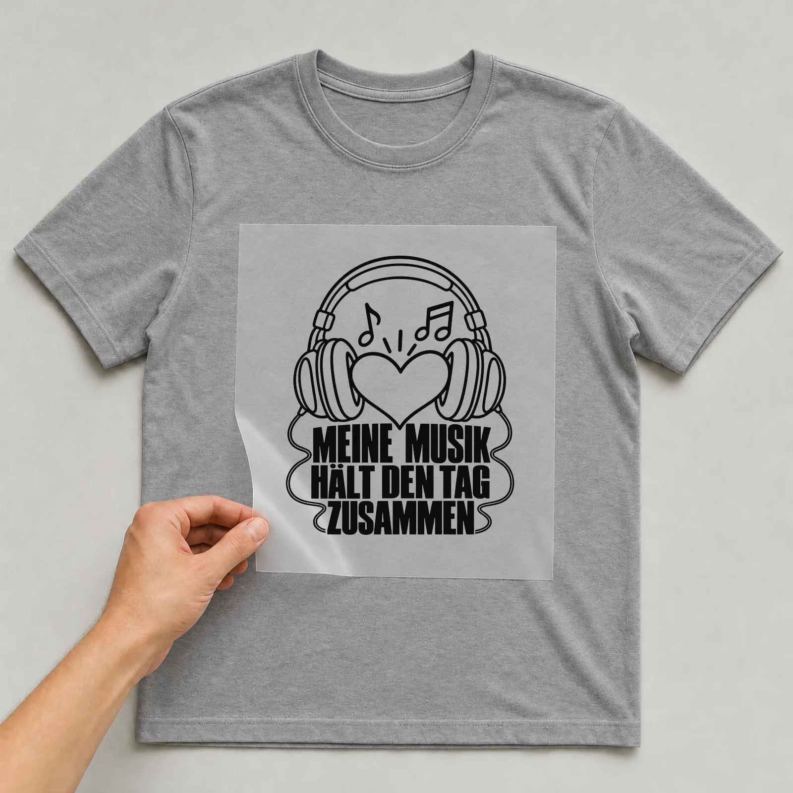 Bügelbild „Meine Musik hält den Tag Zusammen“ auf grauem T-Shirt, Folie wird aufgelegt