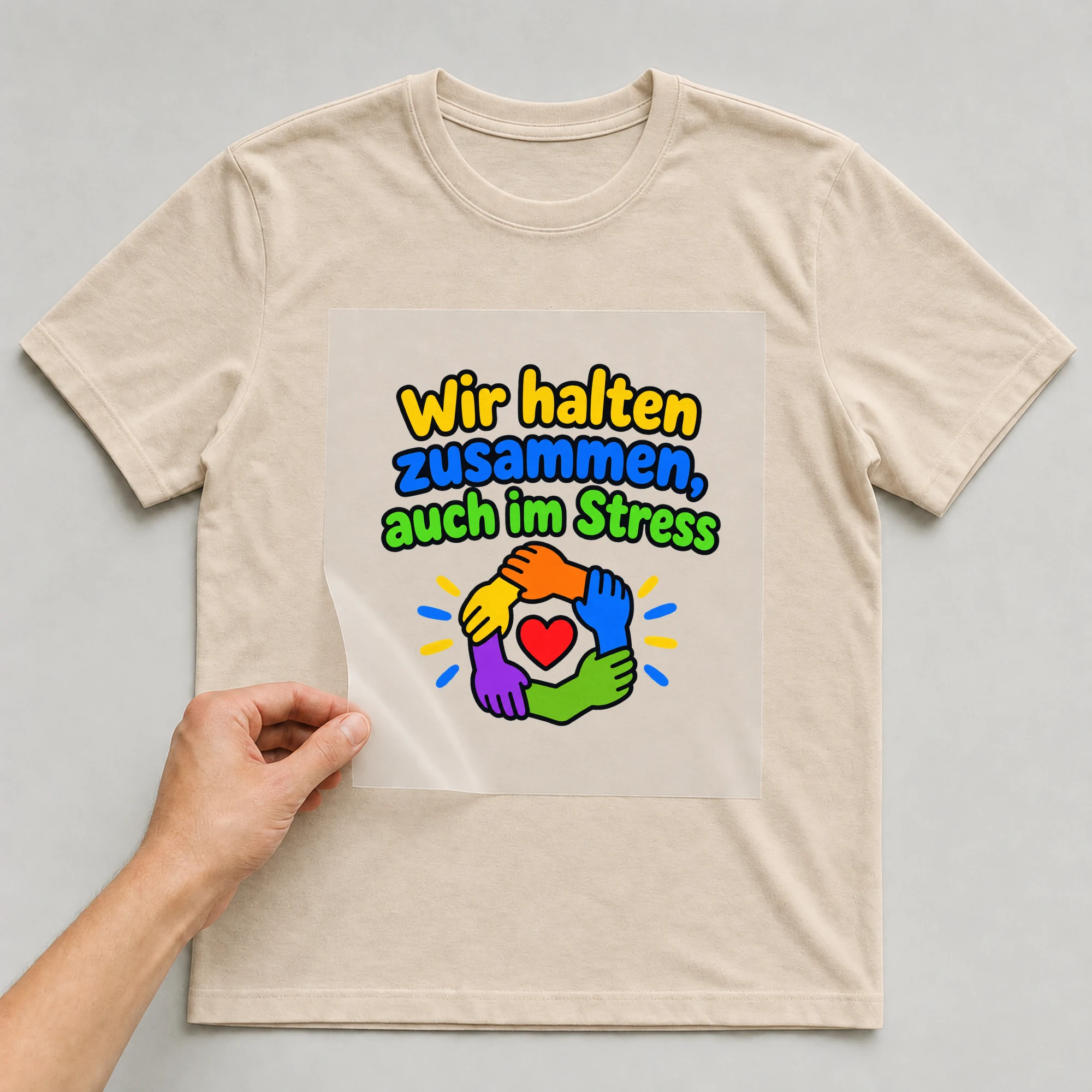 Bügelbild „Wir halten zusammen, auch im Stress“ auf beigem T-Shirt, Folie wird aufgelegt