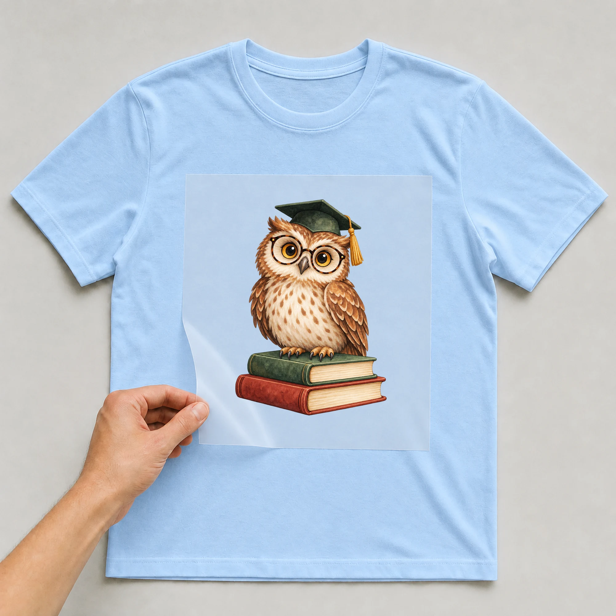 Bügelbild „Lehrer Eule“ auf babyblauem T-Shirt, Folie wird aufgelegt