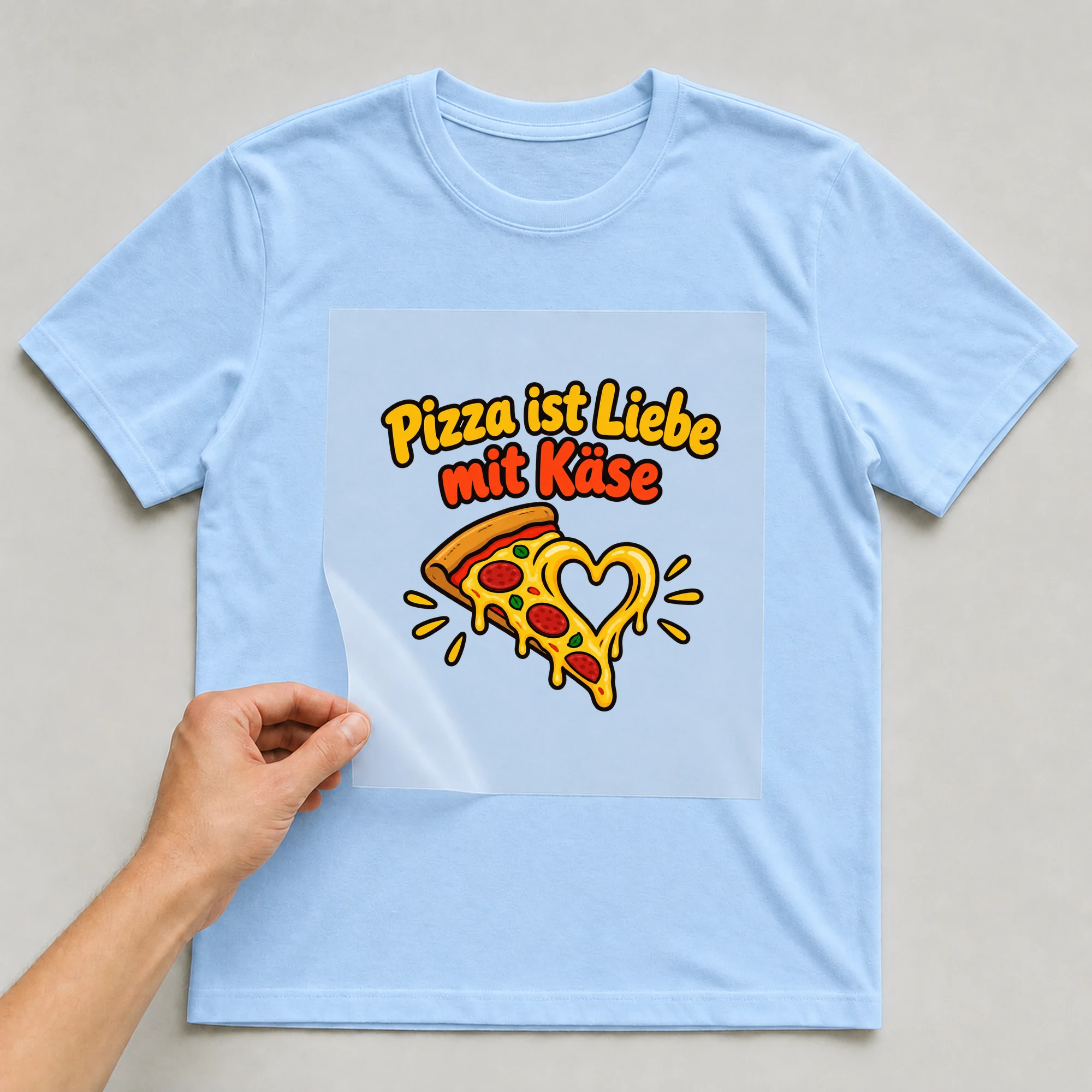 Bügelbild „Pizza ist Liebe mit Käse“ auf babyblauem T-Shirt, Folie wird aufgelegt