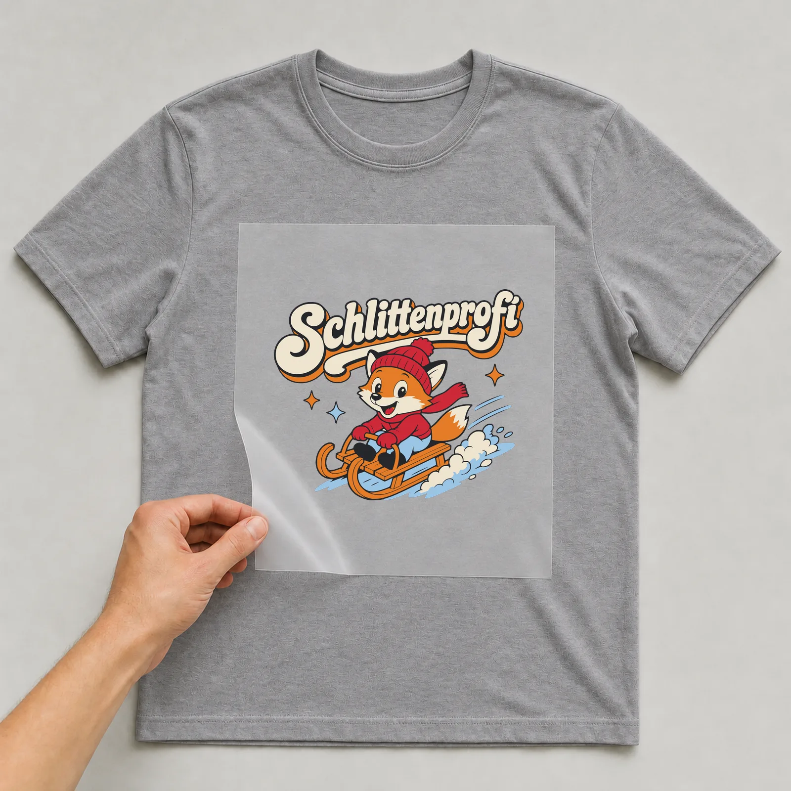 Bügelbild Schlittenprofi auf grauem T-Shirt, Folie wird aufgelegt