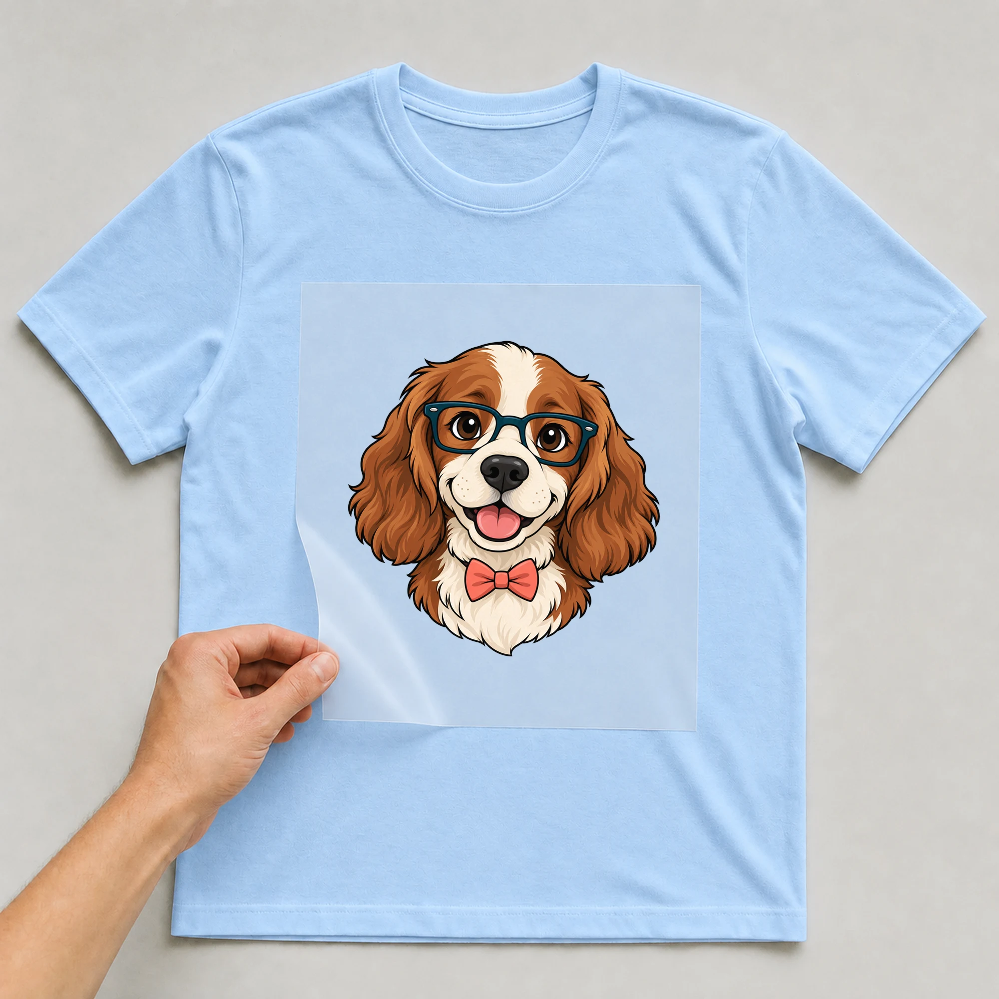 Bügelbild „Hipster Hund Mit Schlappohren“ auf babyblauem T-Shirt, Folie wird aufgelegt