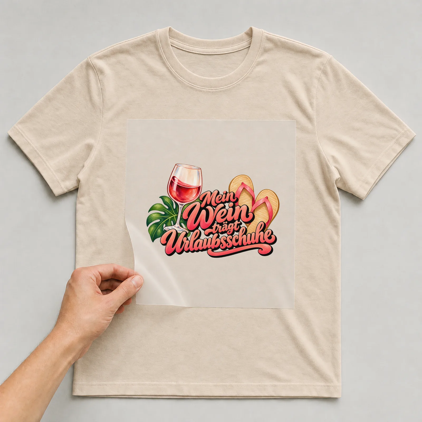 Bügelbild „Mein Wein trägt Urlaubsschuhe“ auf beigem T-Shirt, Folie wird aufgelegt