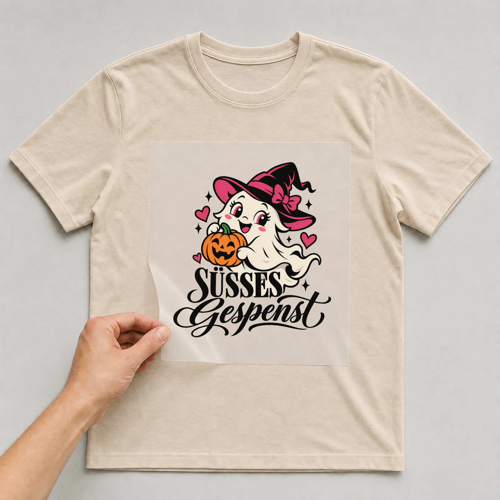 Bügelbild „Süßes Gespenst“ auf beigem T-Shirt, Folie wird aufgelegt