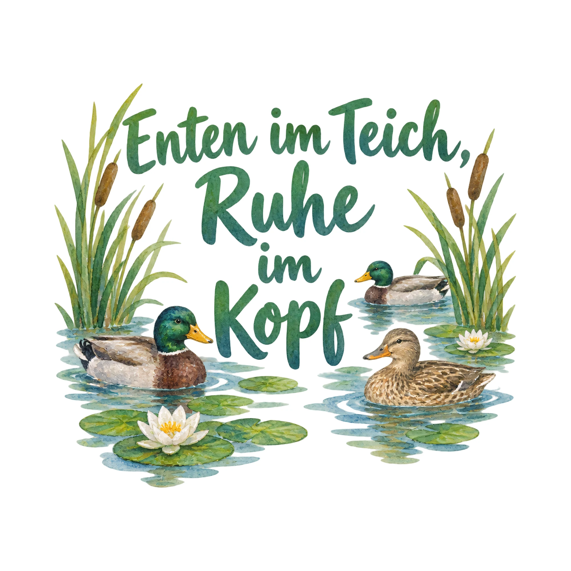 Bügelbild Enten im Teich, Ruhe im Kopf als Grafik auf weißem Hintergrund (BB018571)