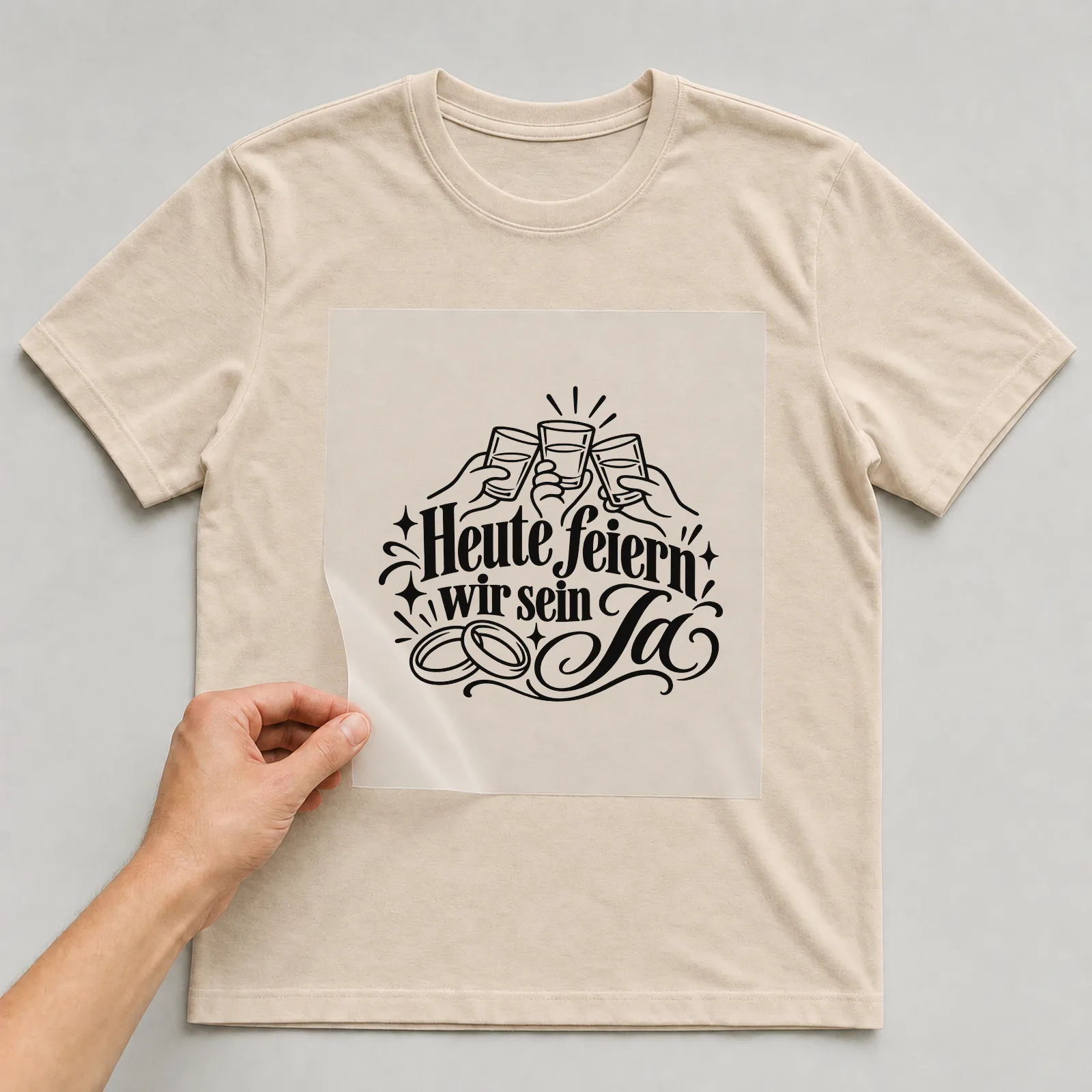 Bügelbild „Heute feiern wir sein Ja“ auf beigem T-Shirt, Folie wird aufgelegt