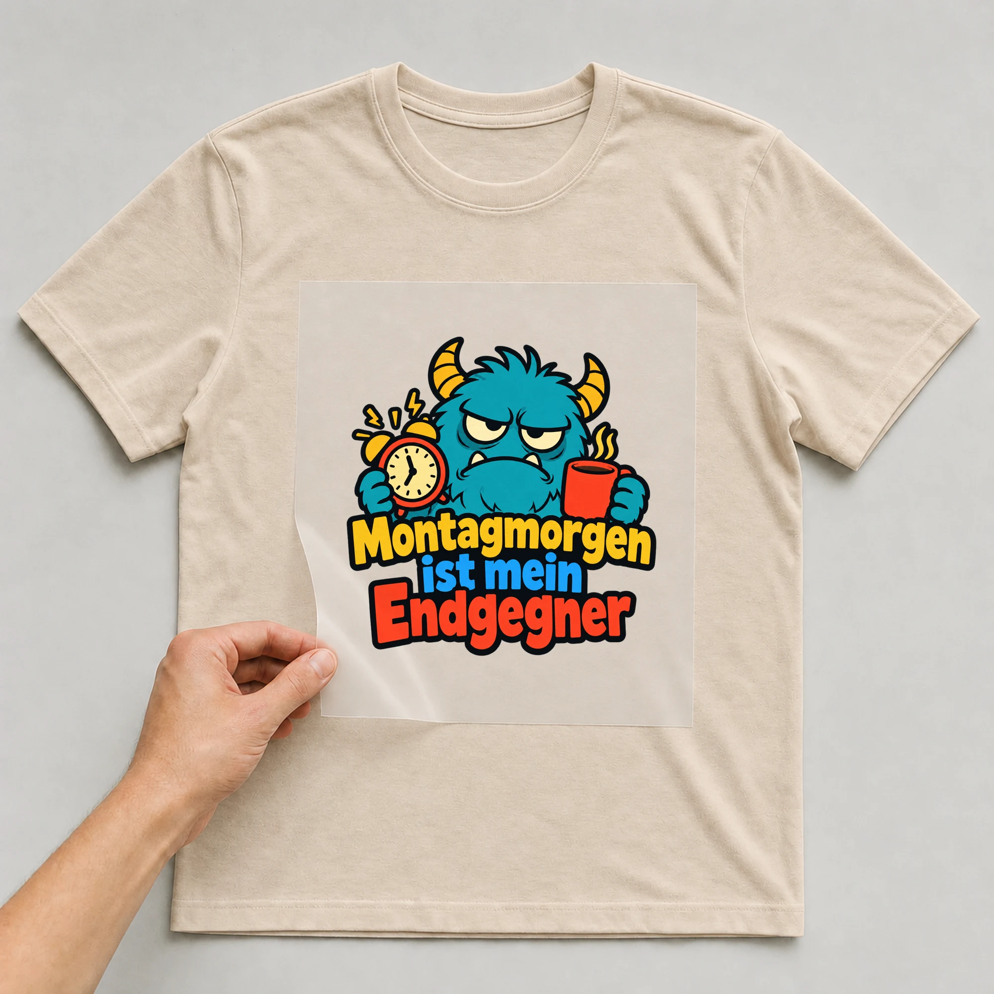 Bügelbild „Montagmorgen ist mein Endgegner“ auf beigem T-Shirt, Folie wird aufgelegt