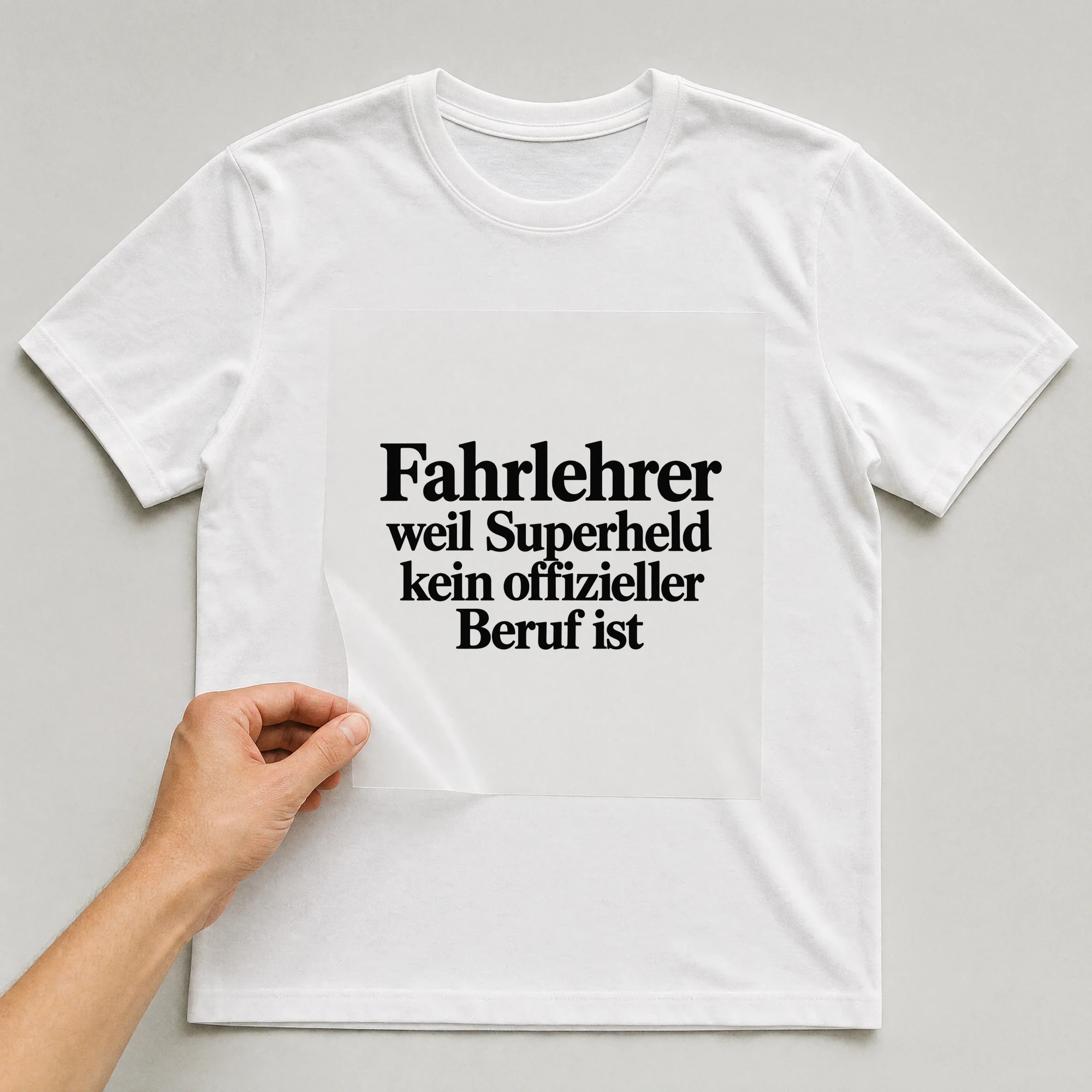 Bügelbild „Fahrlehrer weil Superheld kein offizieller Beruf ist“ auf weißem T-Shirt, Folie wird aufgelegt