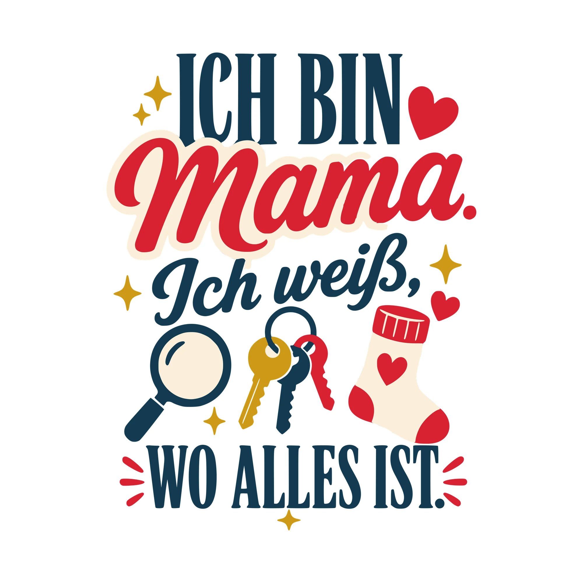 Bügelbild Ich bin Mama. Ich weiß, wo alles ist. als Grafik auf weißem Hintergrund (BB010411)
