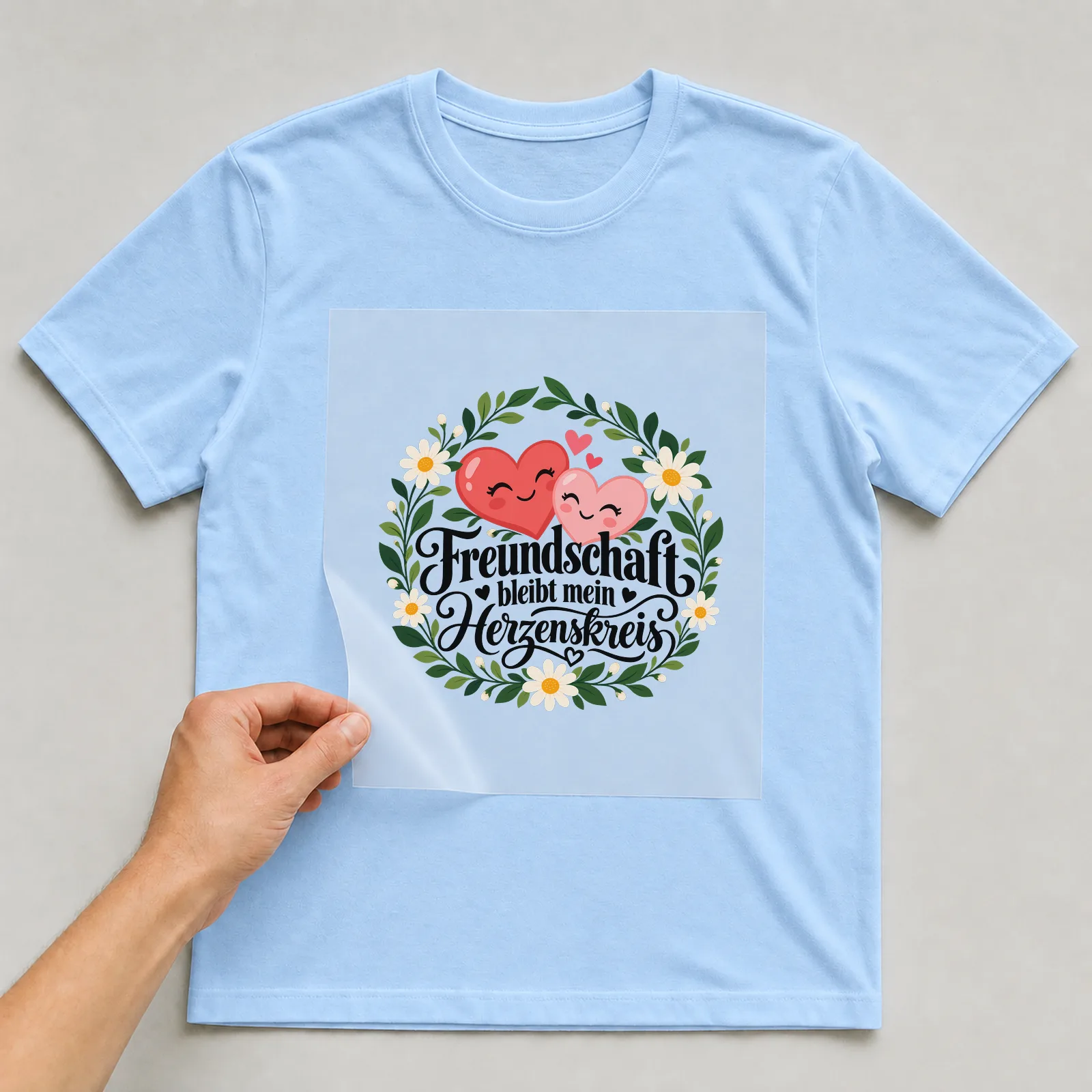 Bügelbild „Freundschaft bleibt mein Herzenskreis“ auf hellblauem T-Shirt, Folie wird aufgelegt