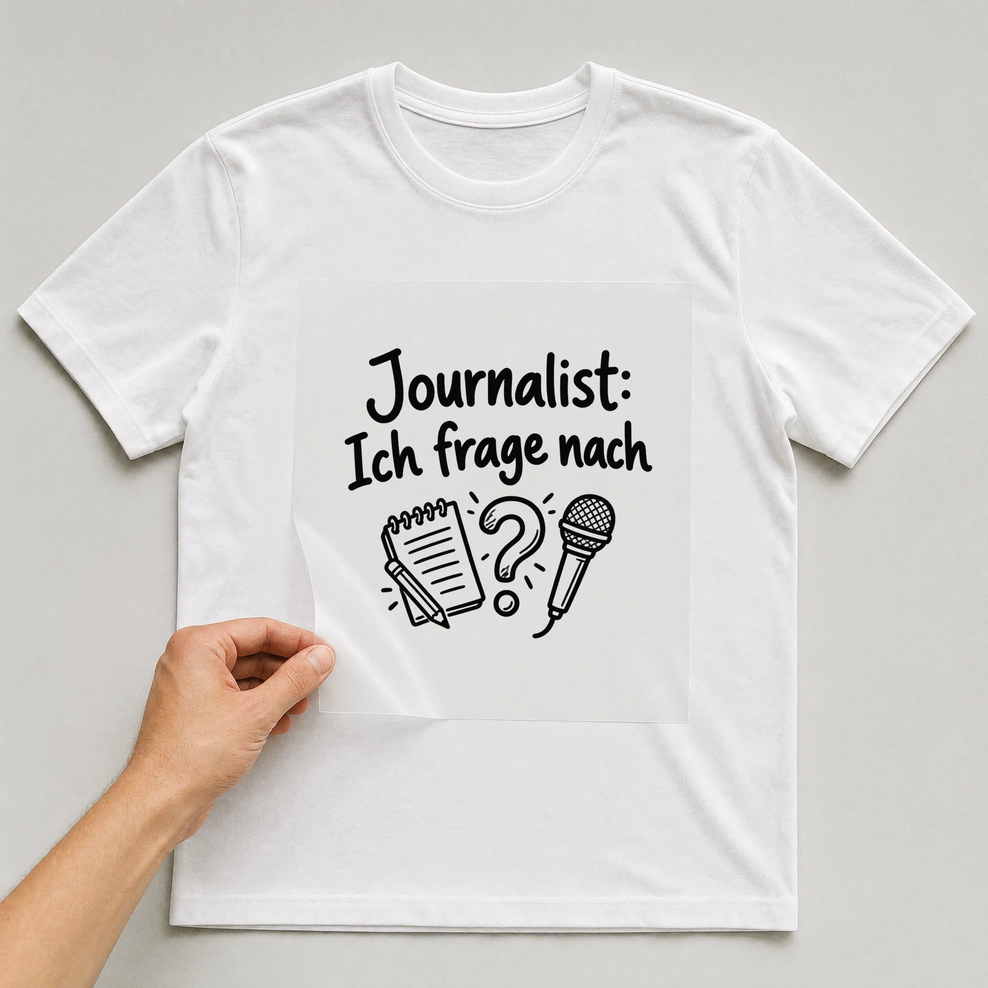 Bügelbild „Journalist: Ich frage nach“ auf weißem T-Shirt, Folie wird aufgelegt