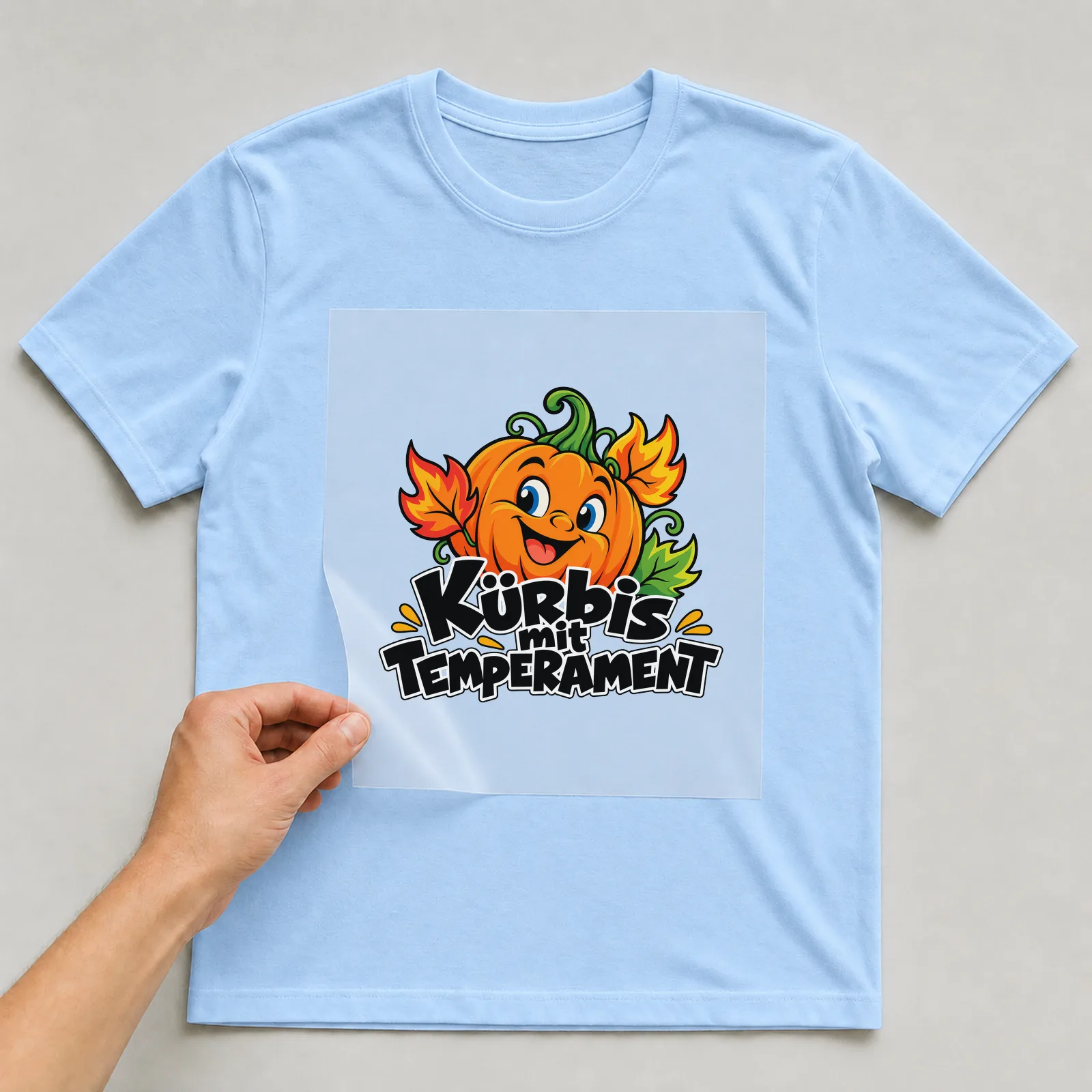 Bügelbild „Kürbis mit Temperament“ auf hellblauem T-Shirt, Folie wird aufgelegt