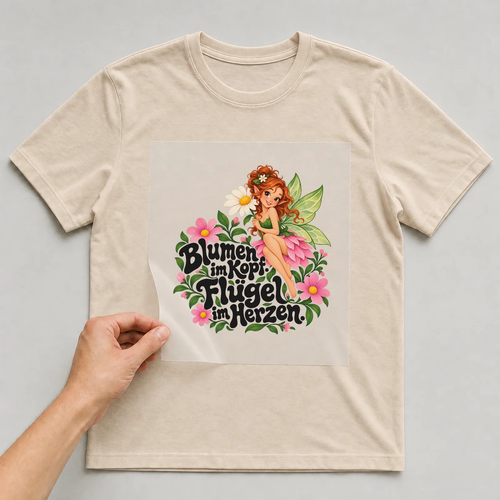 Bügelbild „Blumen im Kopf. Flügel im Herzen.“ auf beigem T-Shirt, Folie wird aufgelegt
