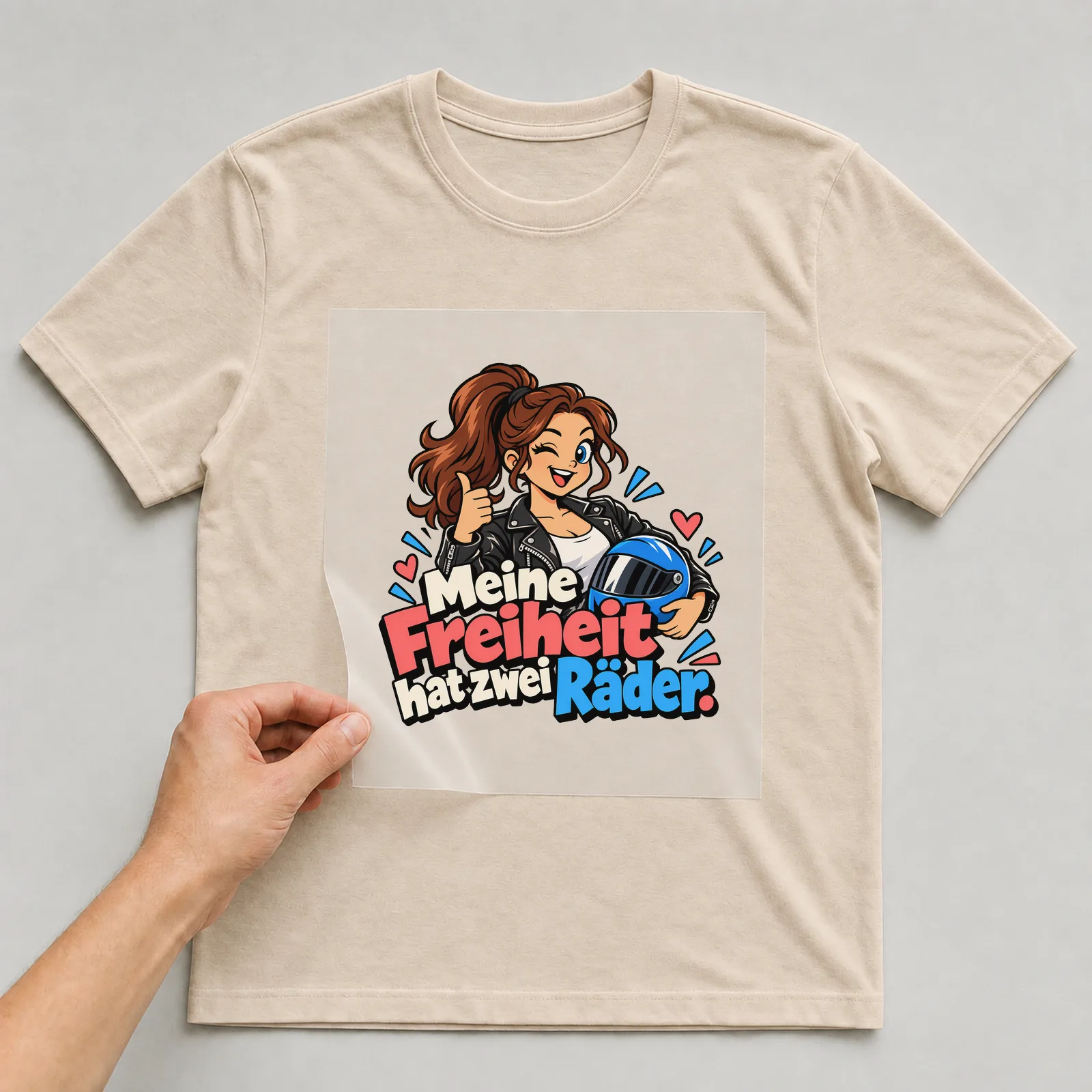Bügelbild „Meine Freiheit hat zwei Räder“ auf beigem T-Shirt, Folie wird aufgelegt
