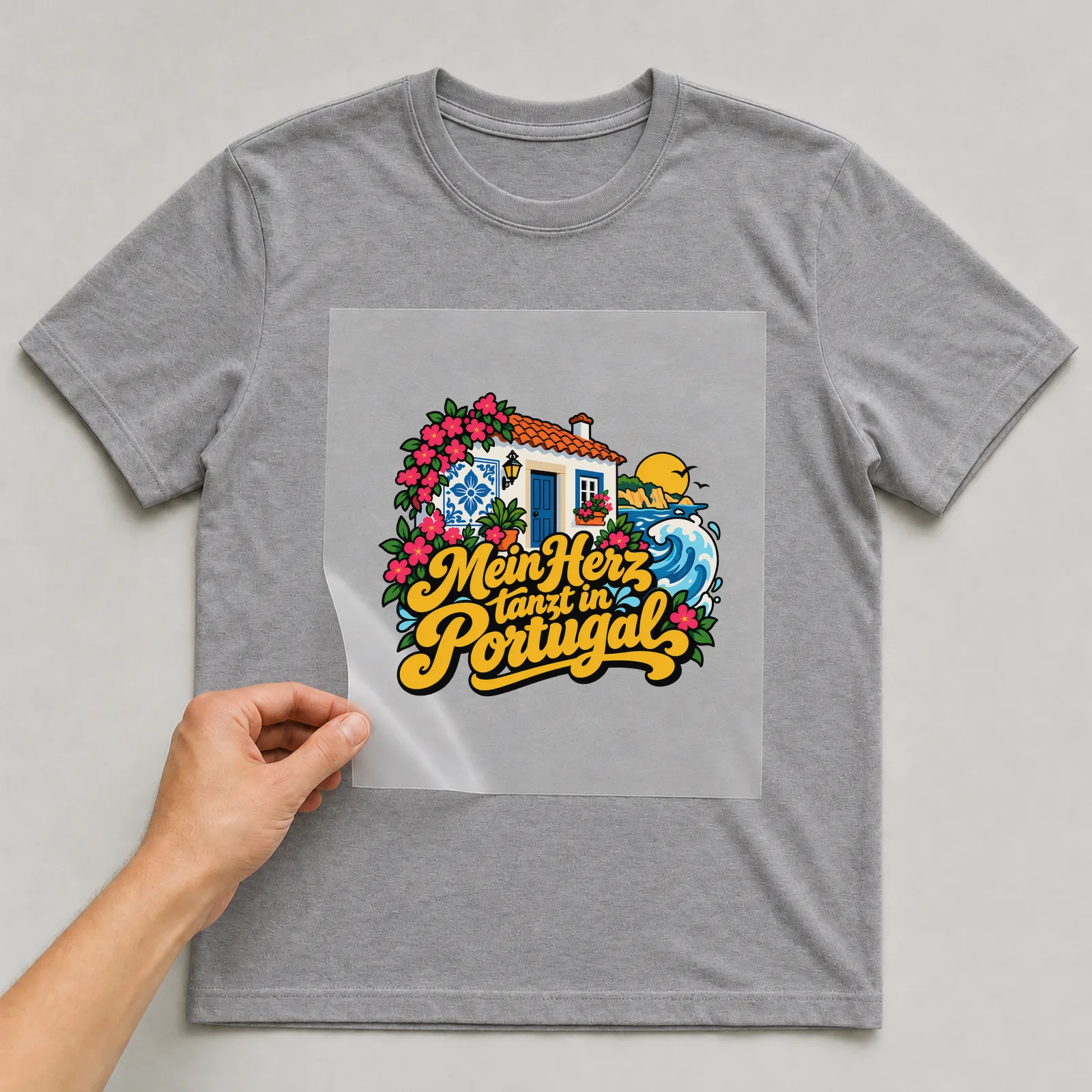 Bügelbild „Mein Herz tanzt in Portugal“ auf grauem T-Shirt, Folie wird aufgelegt