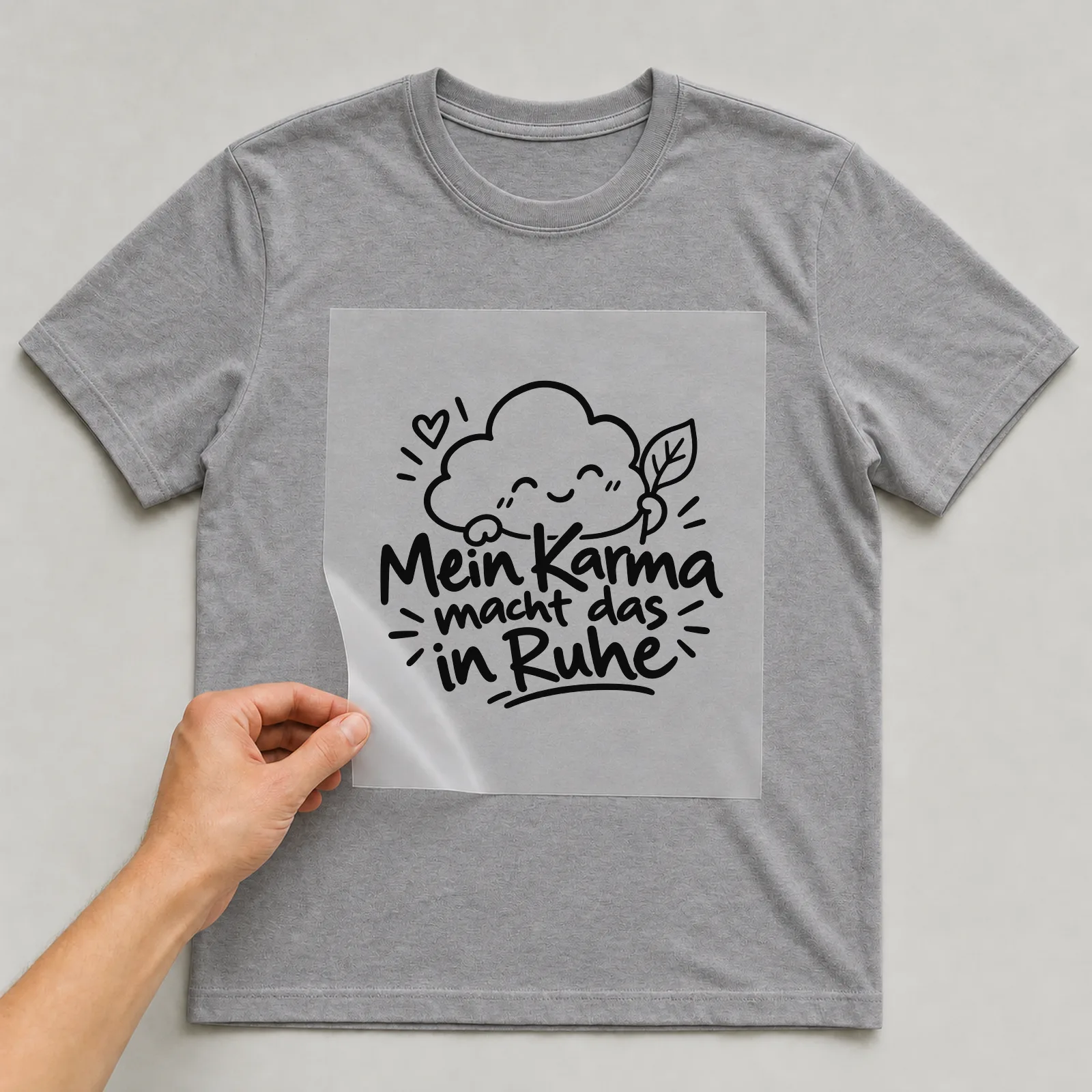 Bügelbild „Mein Karma macht das in Ruhe“ auf grauem T-Shirt, Folie wird aufgelegt