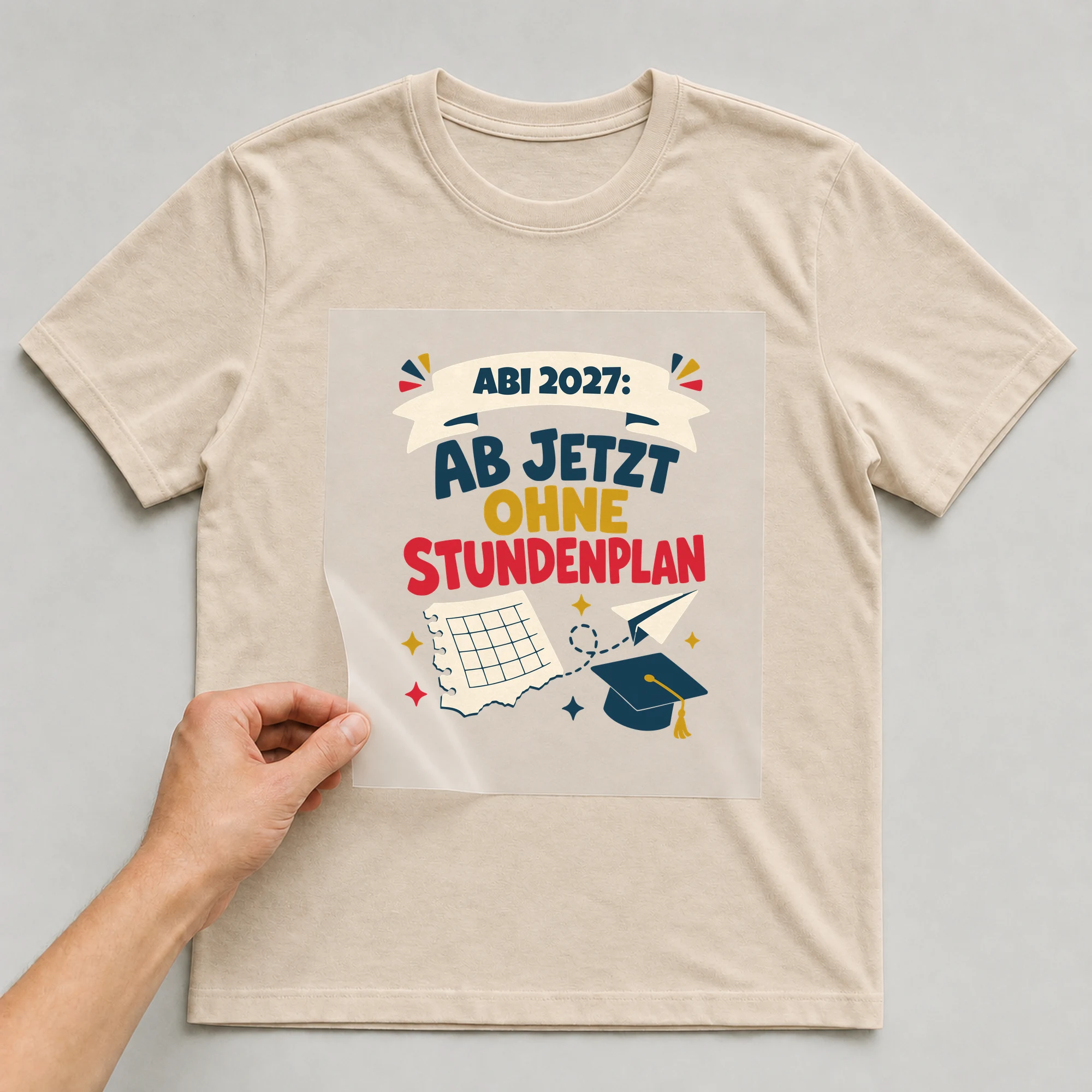 Bügelbild Abi: Ab jetzt ohne Stundenplan mit Jahr auf beigem T-Shirt, Folie wird aufgelegt