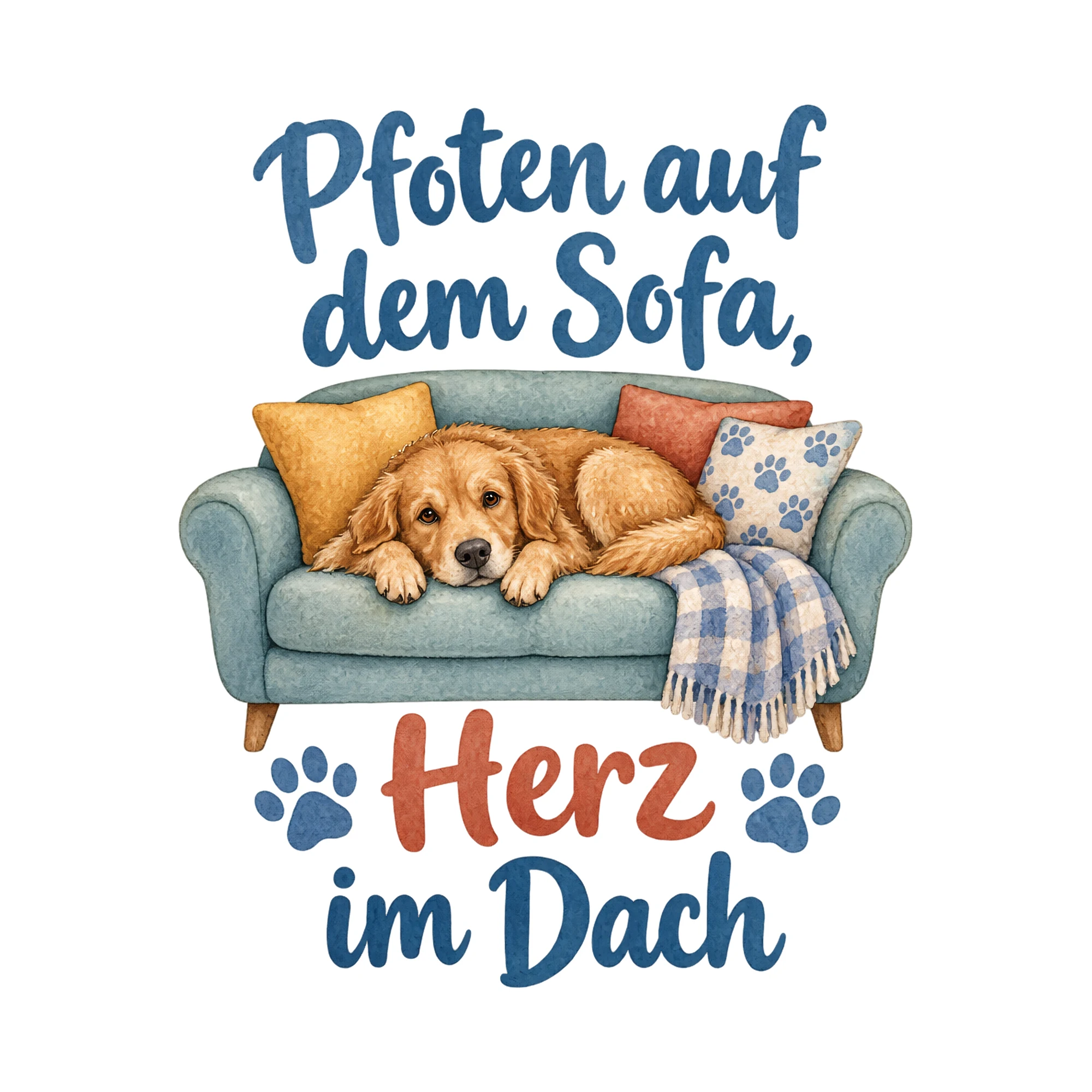 Bügelbild Pfoten auf dem Sofa, Herz im Dach, Tiere Shirt Spruch als Grafik auf weißem Hintergrund (BB016552)