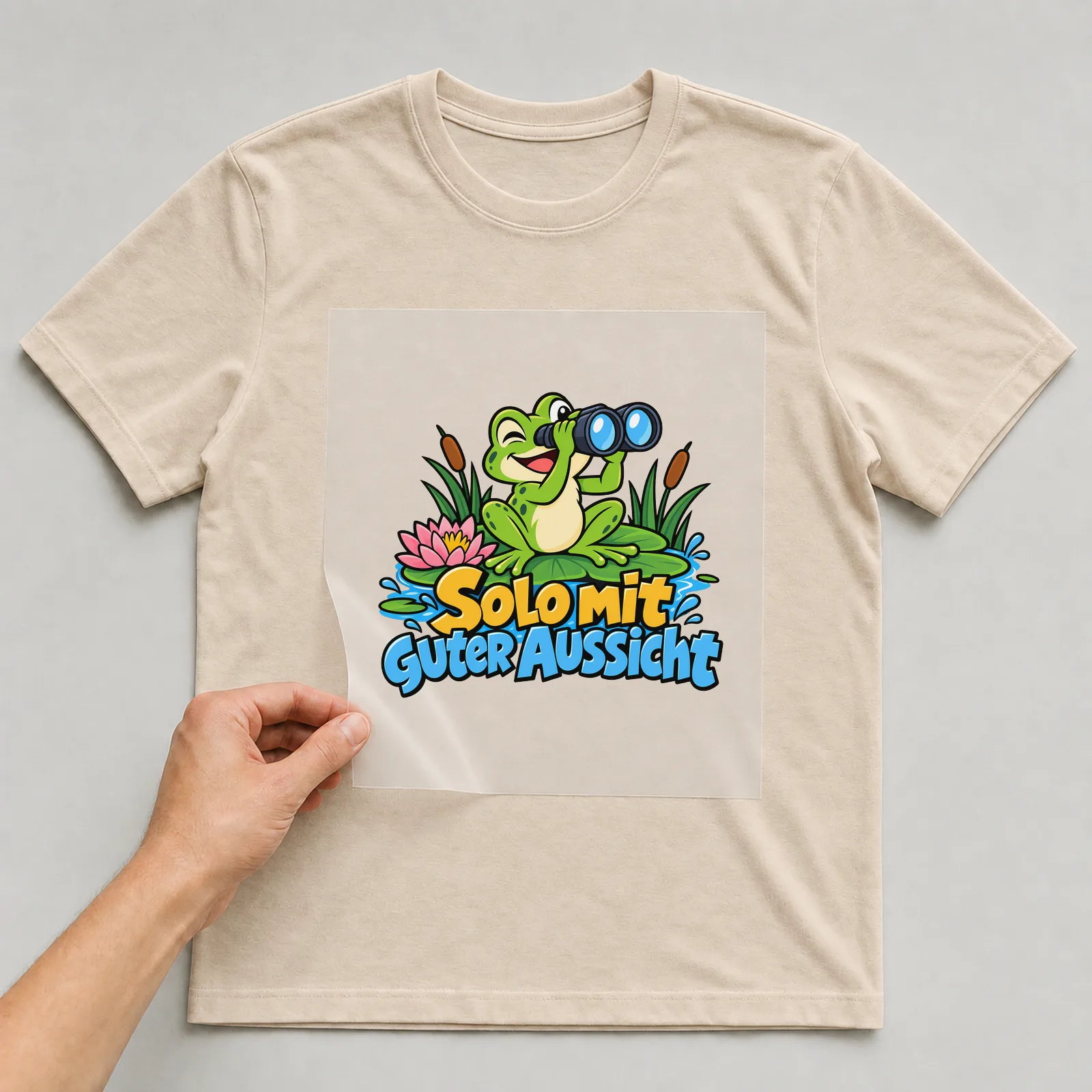 Bügelbild „Solo mit guter Aussicht“ auf beigem T-Shirt, Folie wird aufgelegt