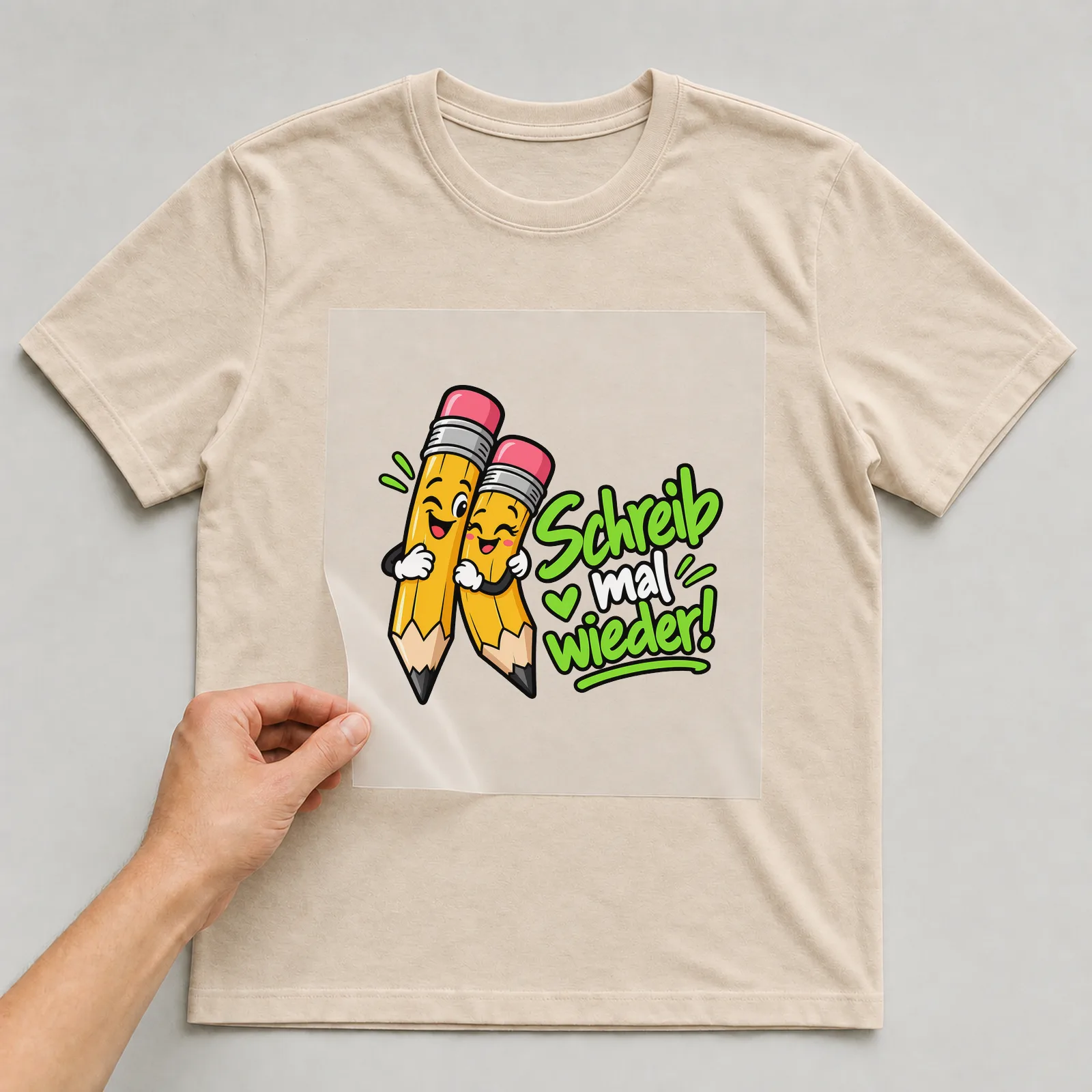 Bügelbild „Schreib mal wieder!“ auf beigem T-Shirt, Folie wird aufgelegt
