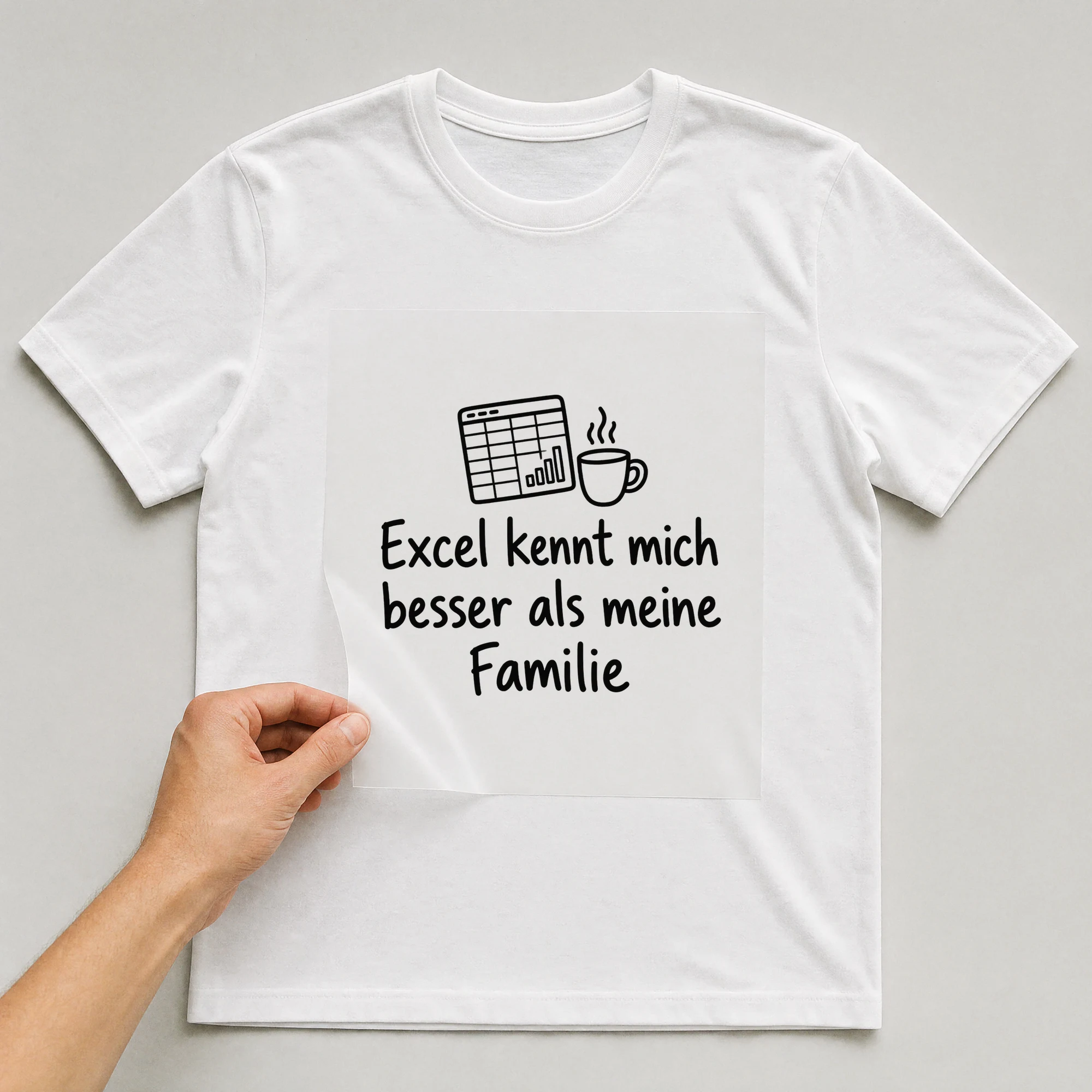 Bügelbild „Excel kennt mich besser als meine Familie“ auf weißem T-Shirt, Folie wird aufgelegt
