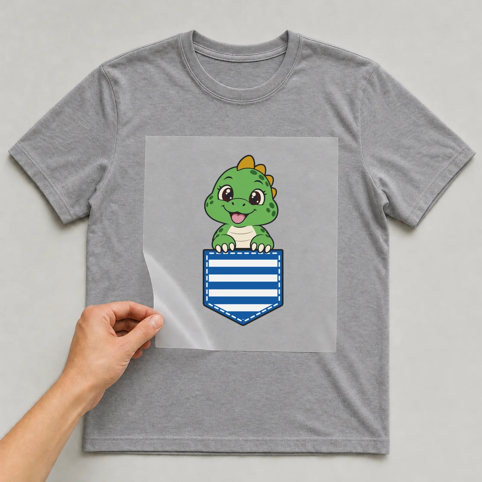 Bügelbild Brusttasche Dino auf grauem T-Shirt, Folie wird aufgelegt