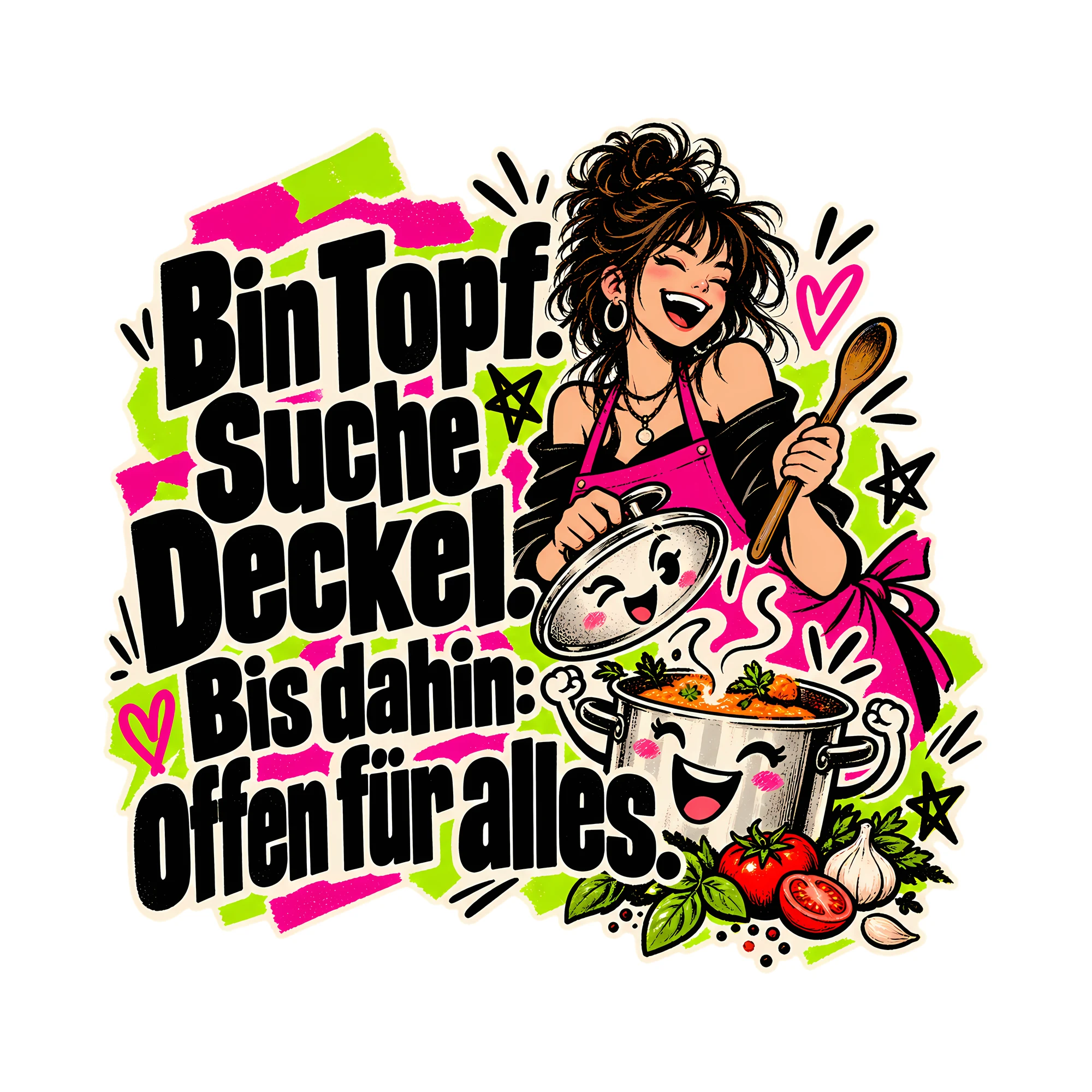 Bügelbild Bin Topf. Suche Deckel. Bis dahin: Offen für alles., Küchen Spruch Bügelbild als Grafik auf weißem Hintergrund (BB014645)