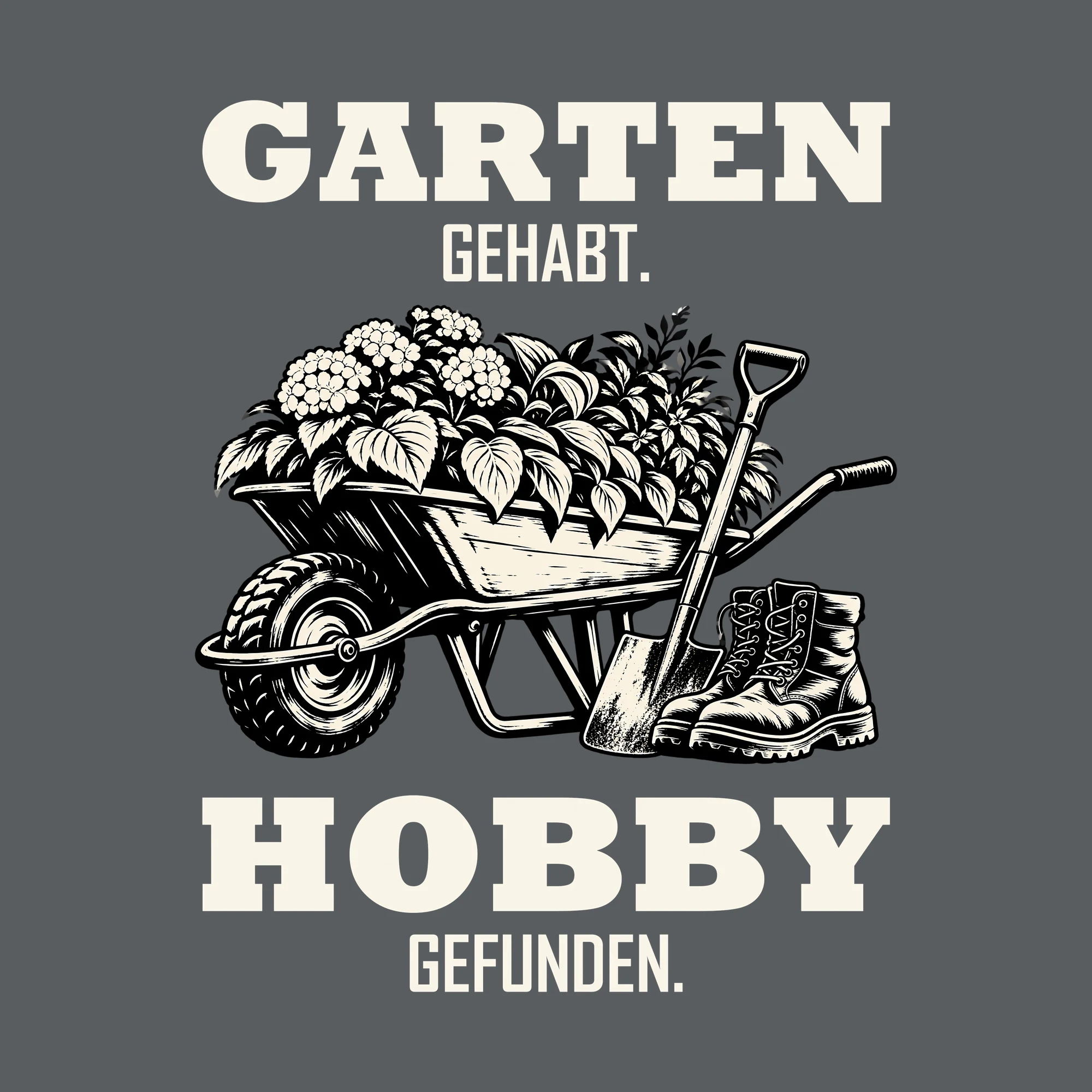 Bügelbild GARTEN GEHABT. HOBBY GEFUNDEN. als Grafik auf dunklem Hintergrund (BB013198)