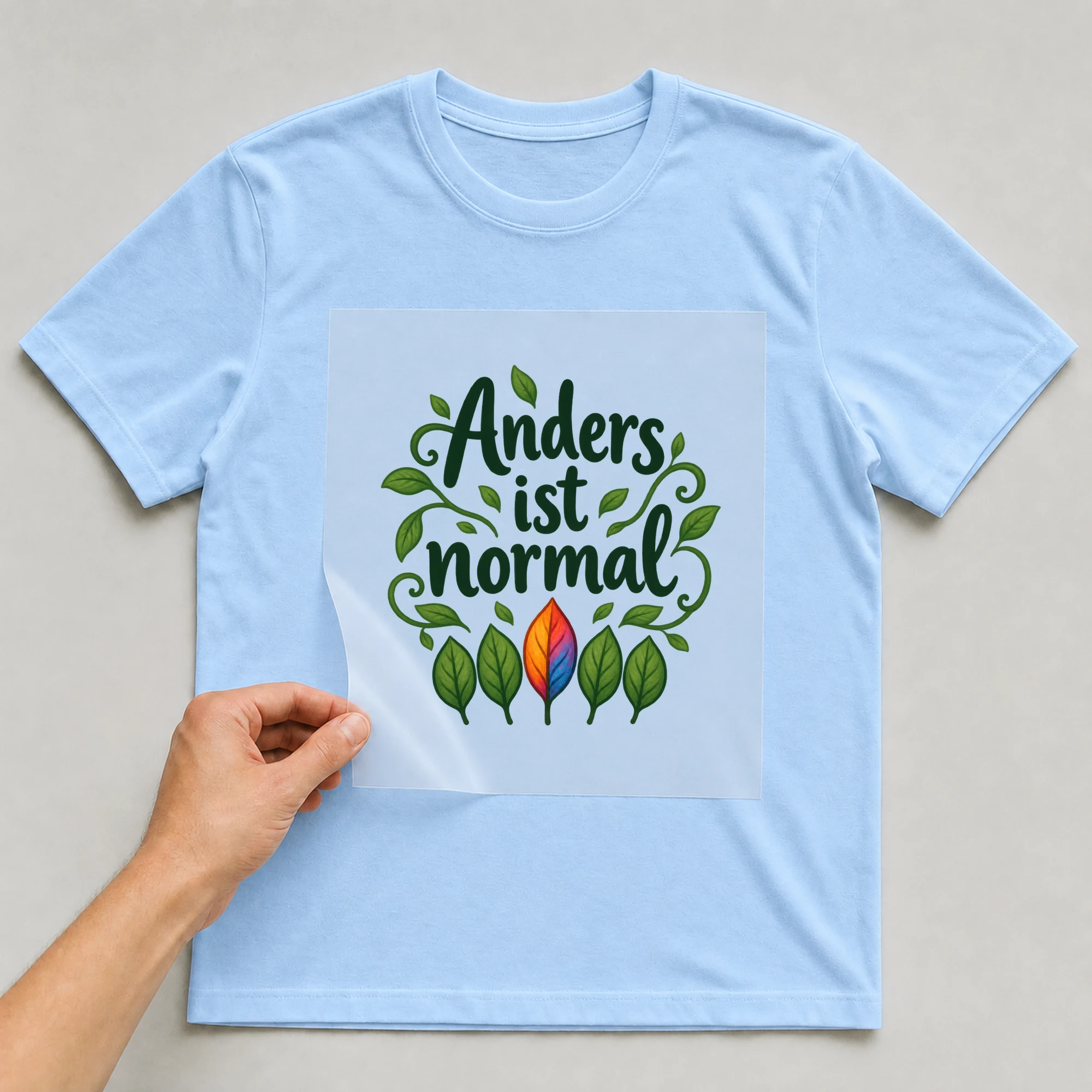 Bügelbild „Anders ist normal“ auf babyblauem T-Shirt, Folie wird aufgelegt
