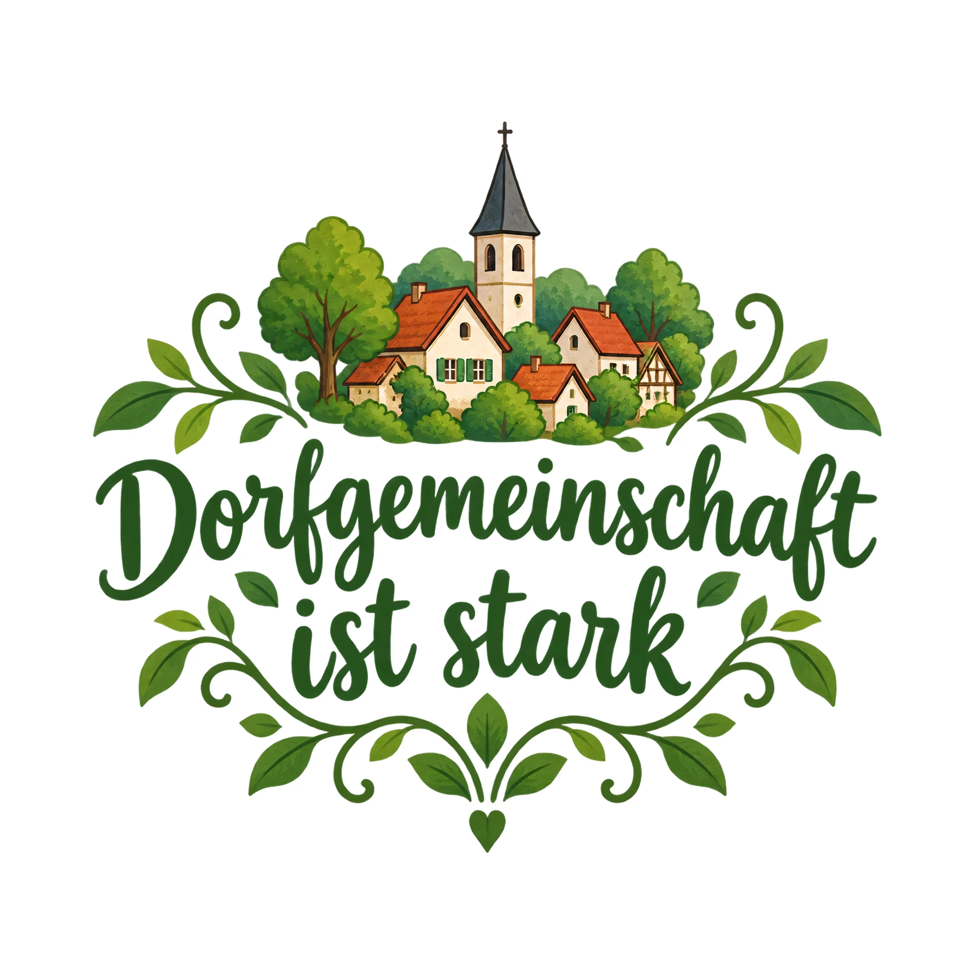 Bügelbild Dorfgemeinschaft ist stark als Grafik auf weißem Hintergrund (BB018661)