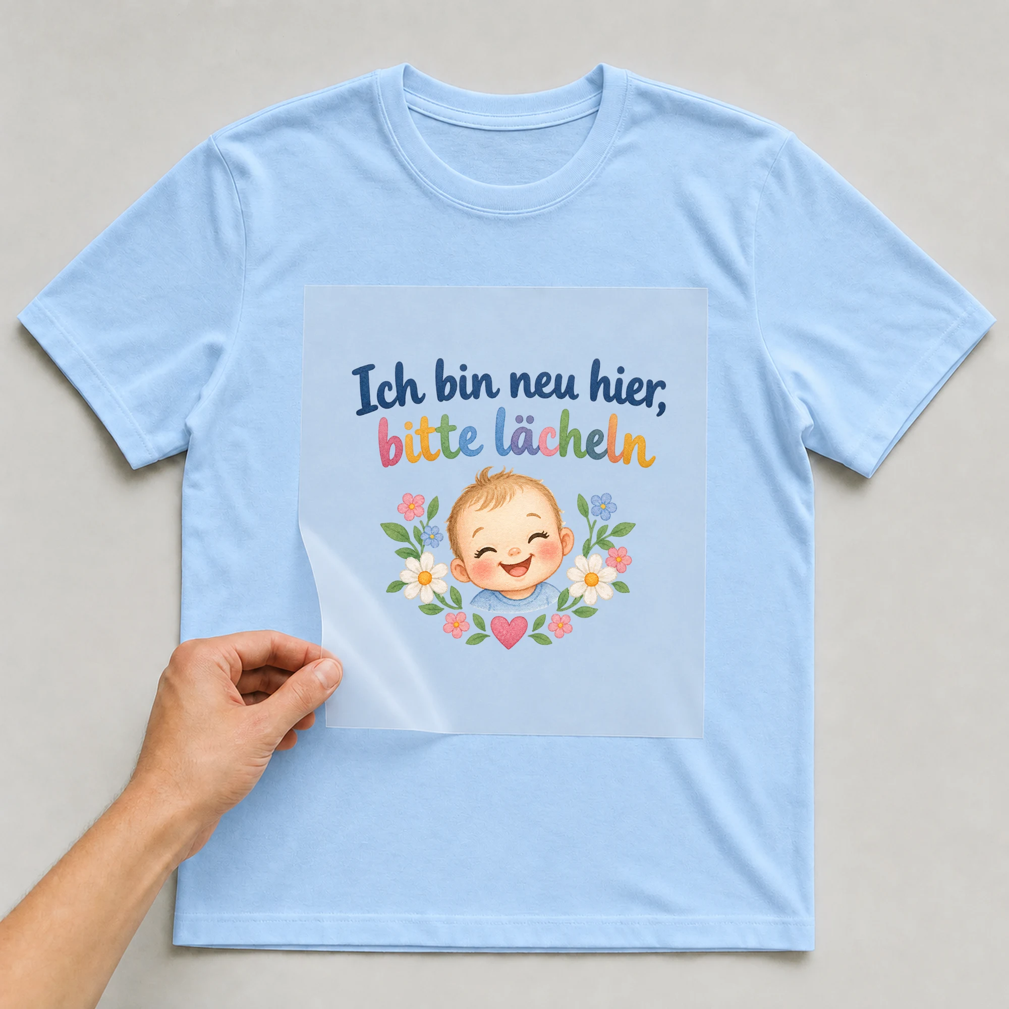 Bügelbild „Ich bin neu hier, bitte lächeln“ auf babyblauem T-Shirt, Folie wird aufgelegt