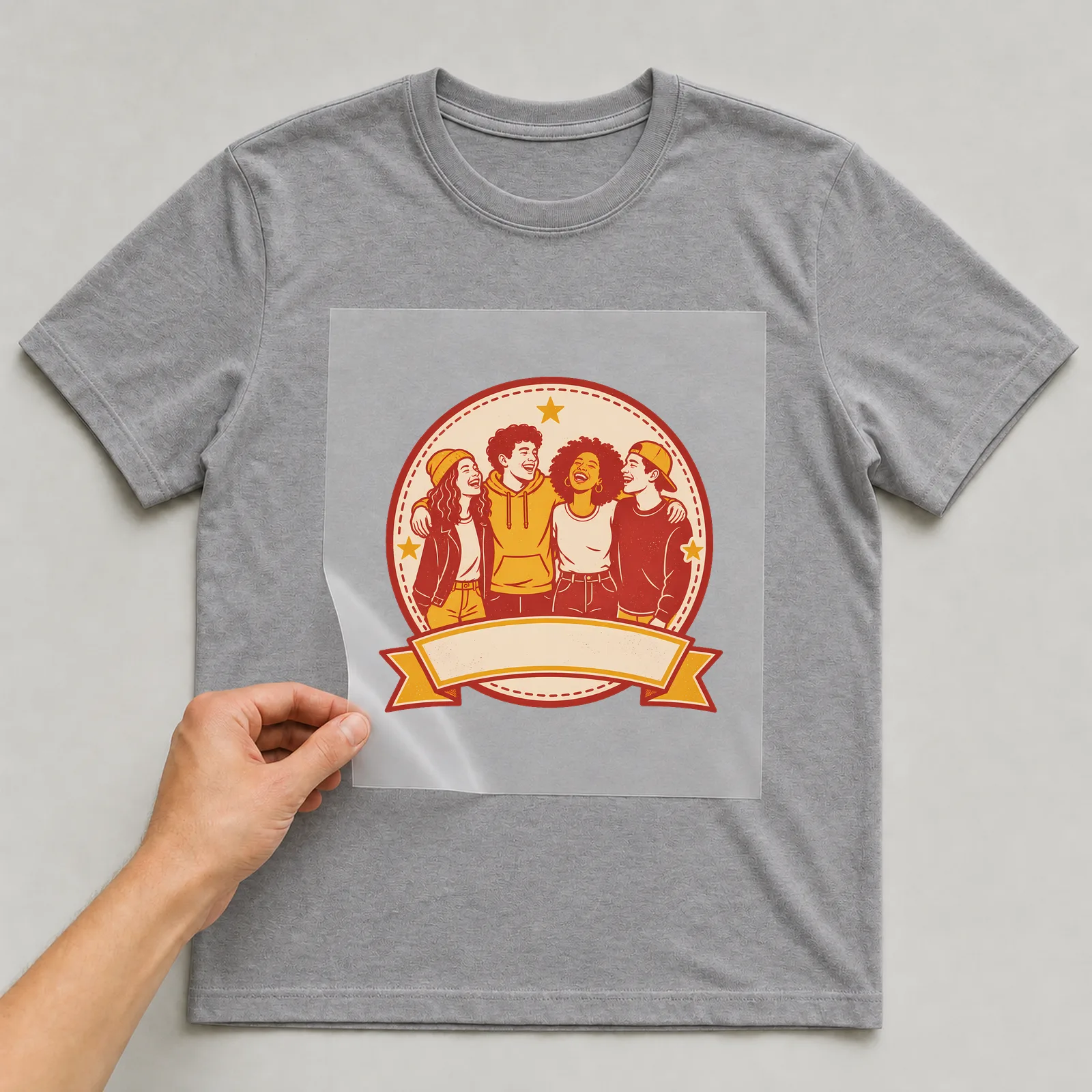 Bügelbild freundschaft freundesgruppe abzeichen auf grauem T-Shirt, Folie wird aufgelegt