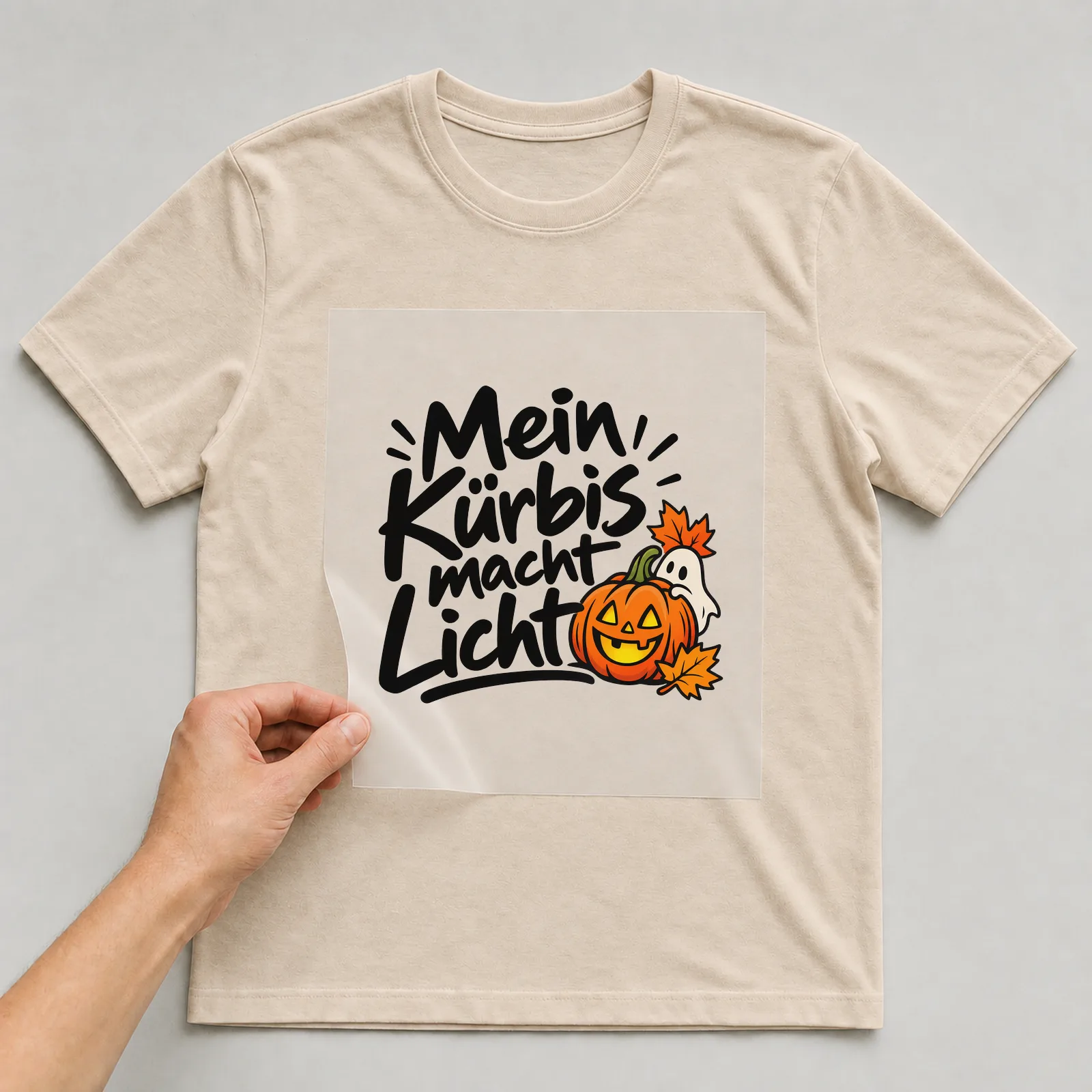 Bügelbild „Mein Kürbis macht Licht“ auf beigem T-Shirt, Folie wird aufgelegt