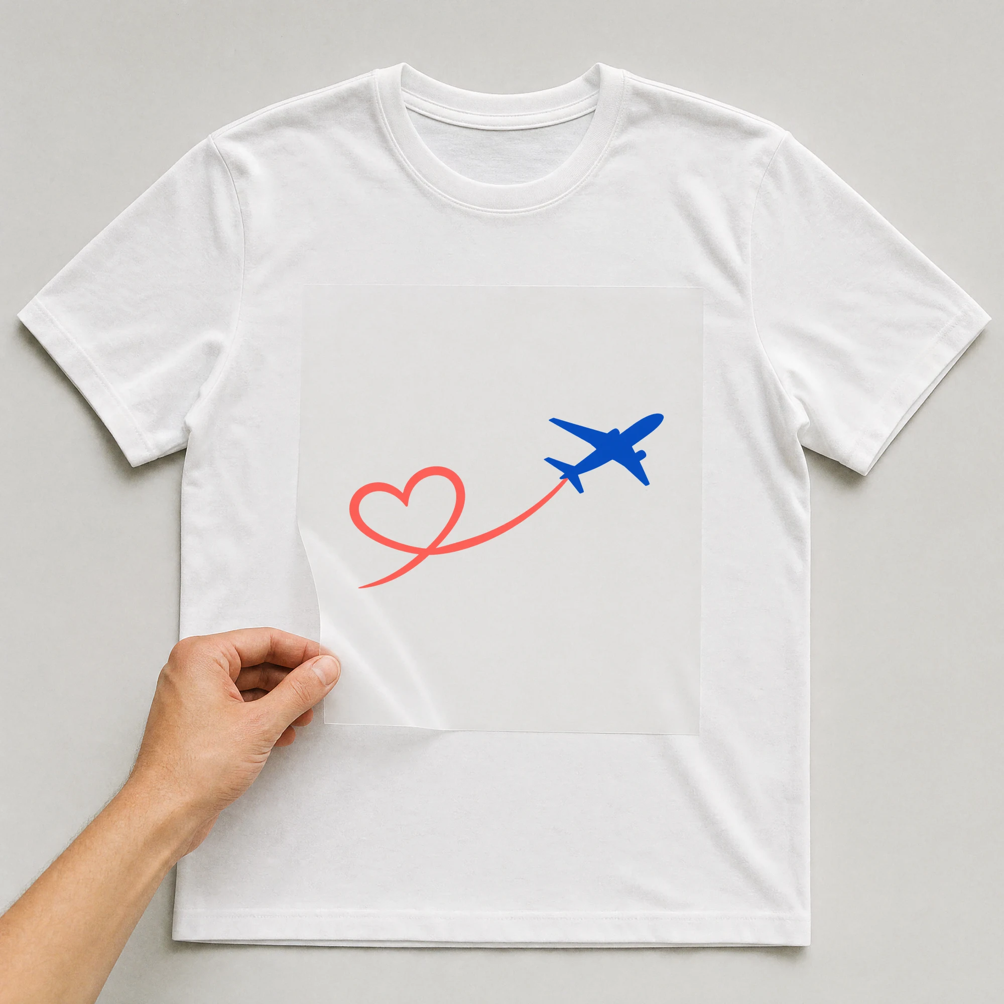 Bügelbild „Herz Flieger“ auf weißem T-Shirt, Folie wird aufgelegt