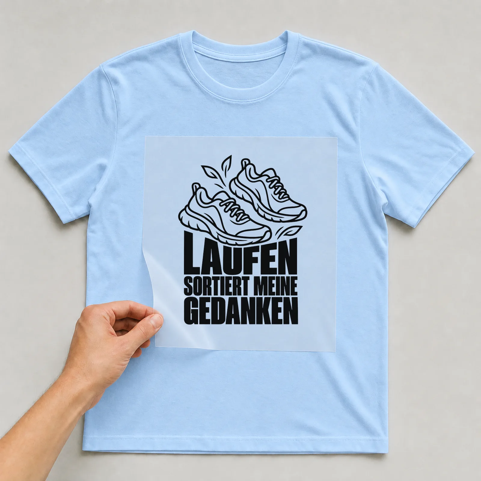 Bügelbild „Laufen sortiert meine Gedanken“ auf hellblauem T-Shirt, Folie wird aufgelegt