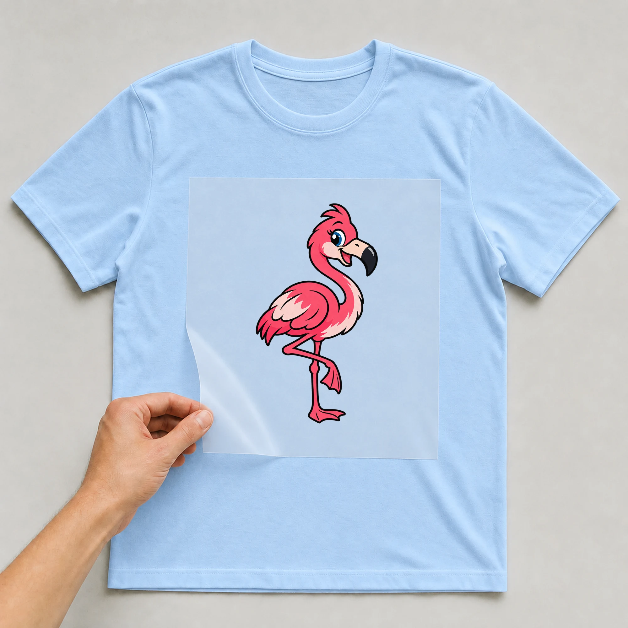 Bügelbild „Comic Flamingo“ auf babyblauem T-Shirt, Folie wird aufgelegt