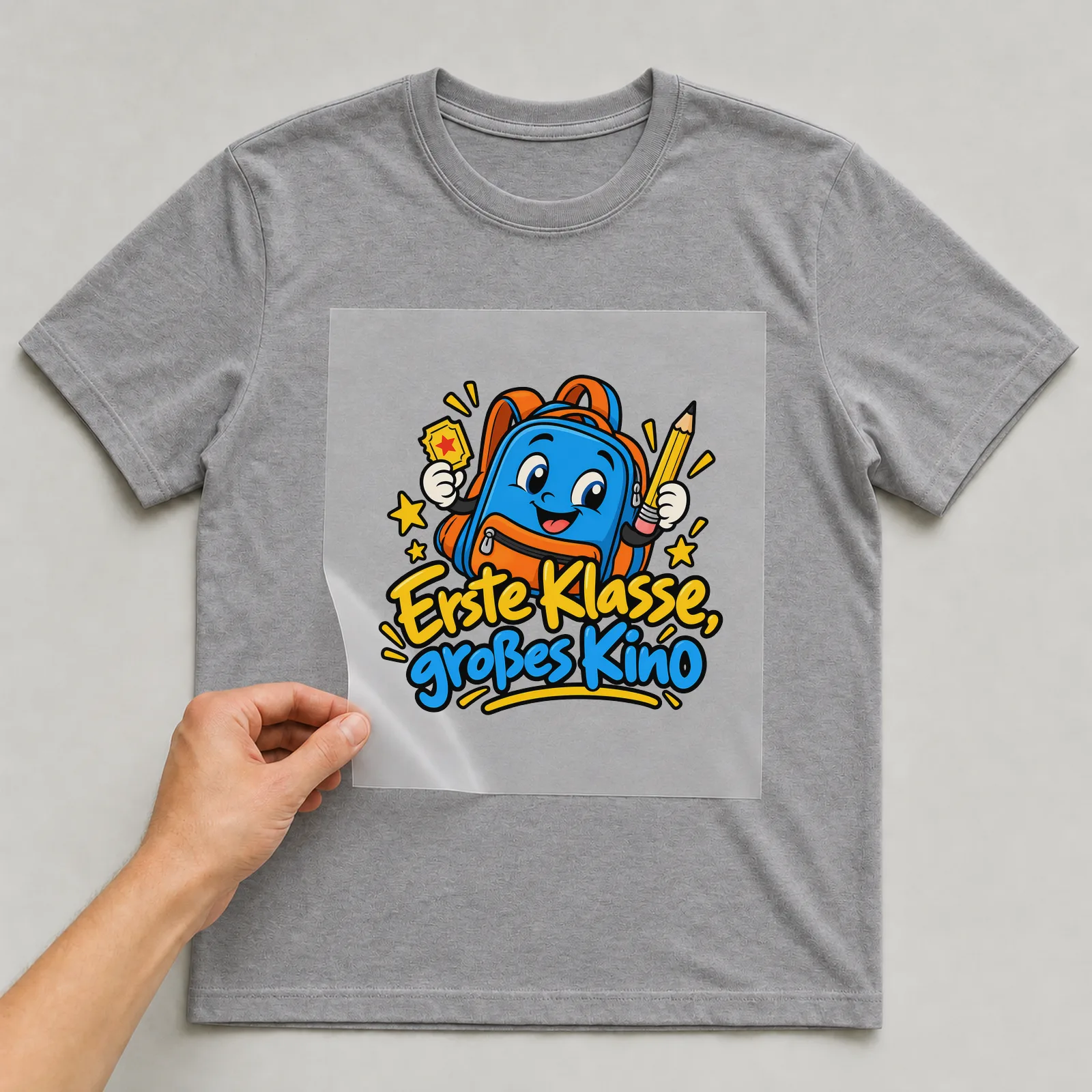 Bügelbild „Erste Klasse, großes Kino“ auf grauem T-Shirt, Folie wird aufgelegt