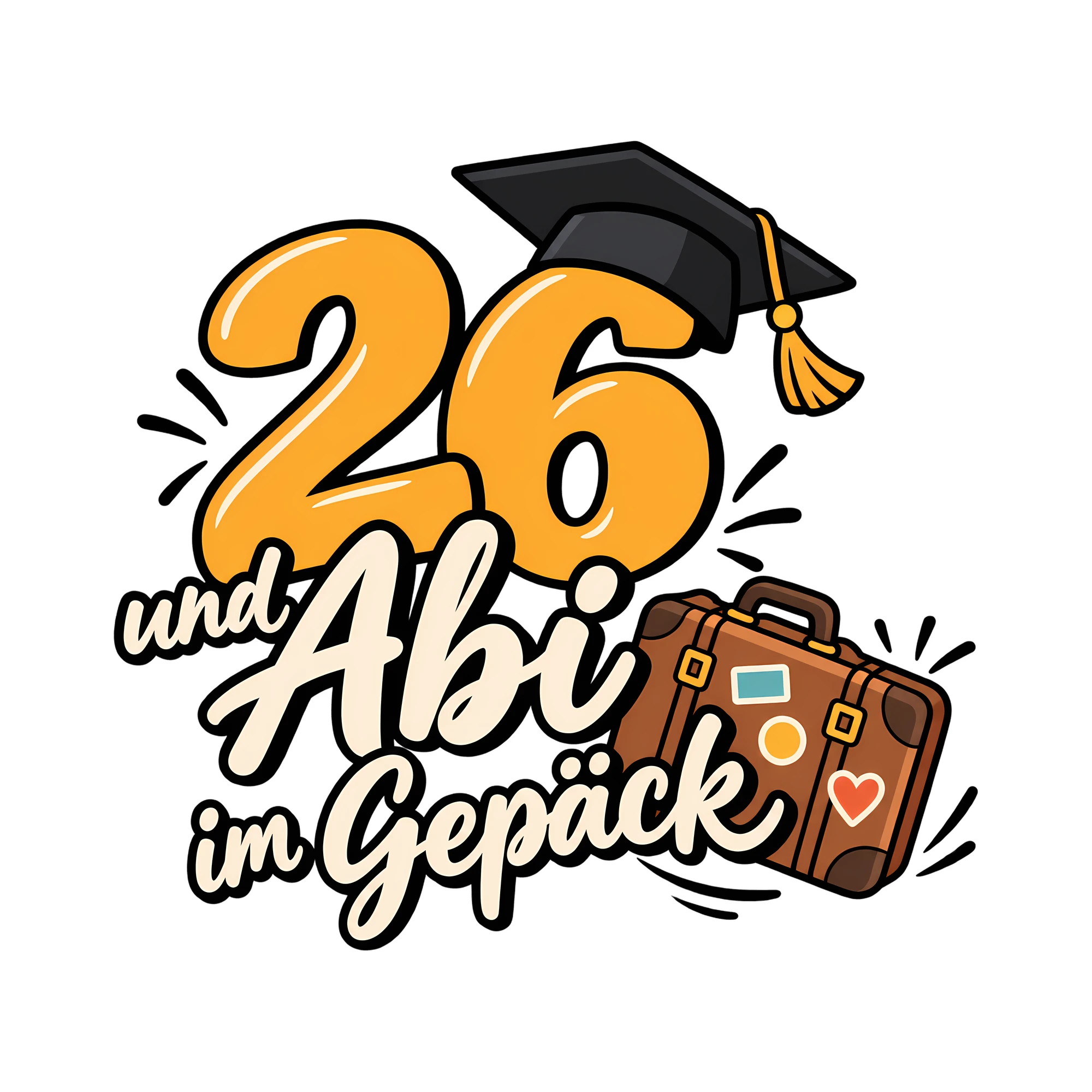 Bügelbild 26 und Abi im Gepäck als Grafik auf weißem Hintergrund (BB011459)